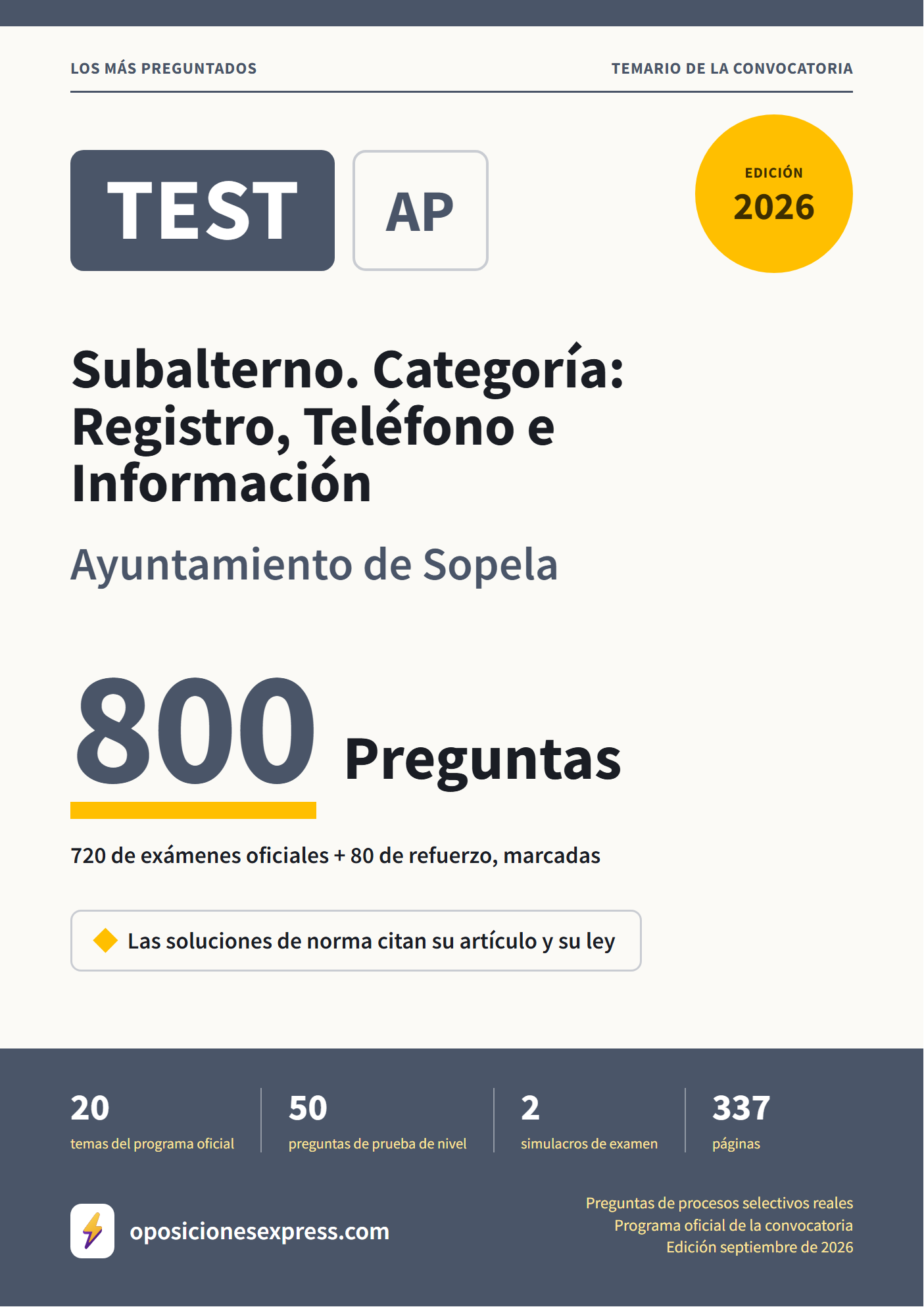 Portada del PDF «TEST Subalterno. Categoría: Registro, Teléfono e Información · Ayuntamiento de Sopela», 720 preguntas reales de examen, edición septiembre de 2026