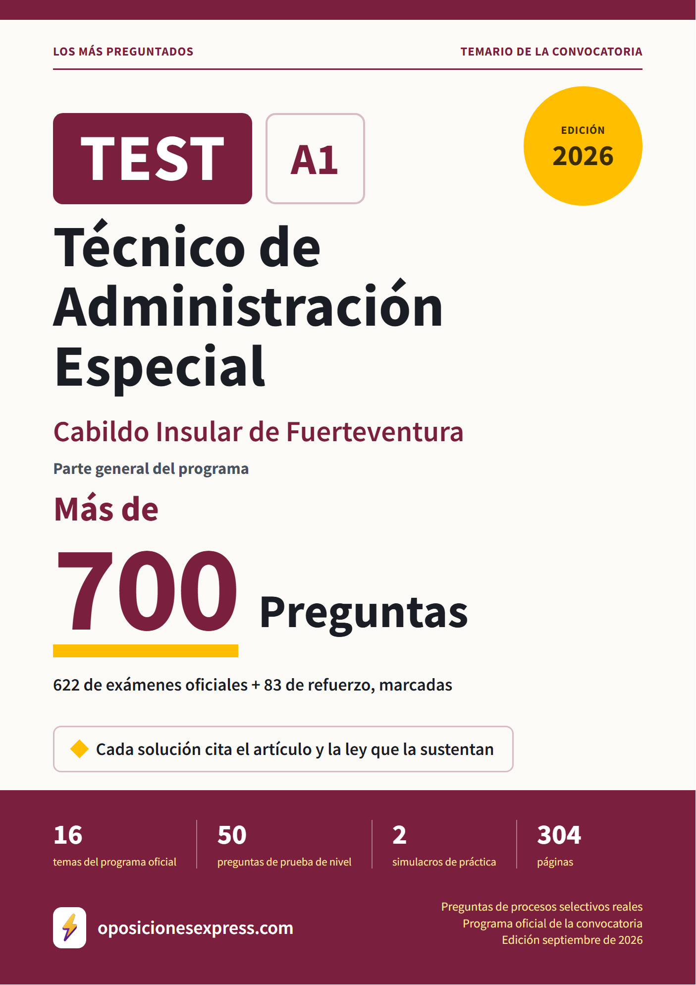 Portada del PDF «TEST Técnico de Administración Especial · Cabildo Insular de Fuerteventura · Parte general», 622 preguntas reales de examen, edición septiembre de 2026