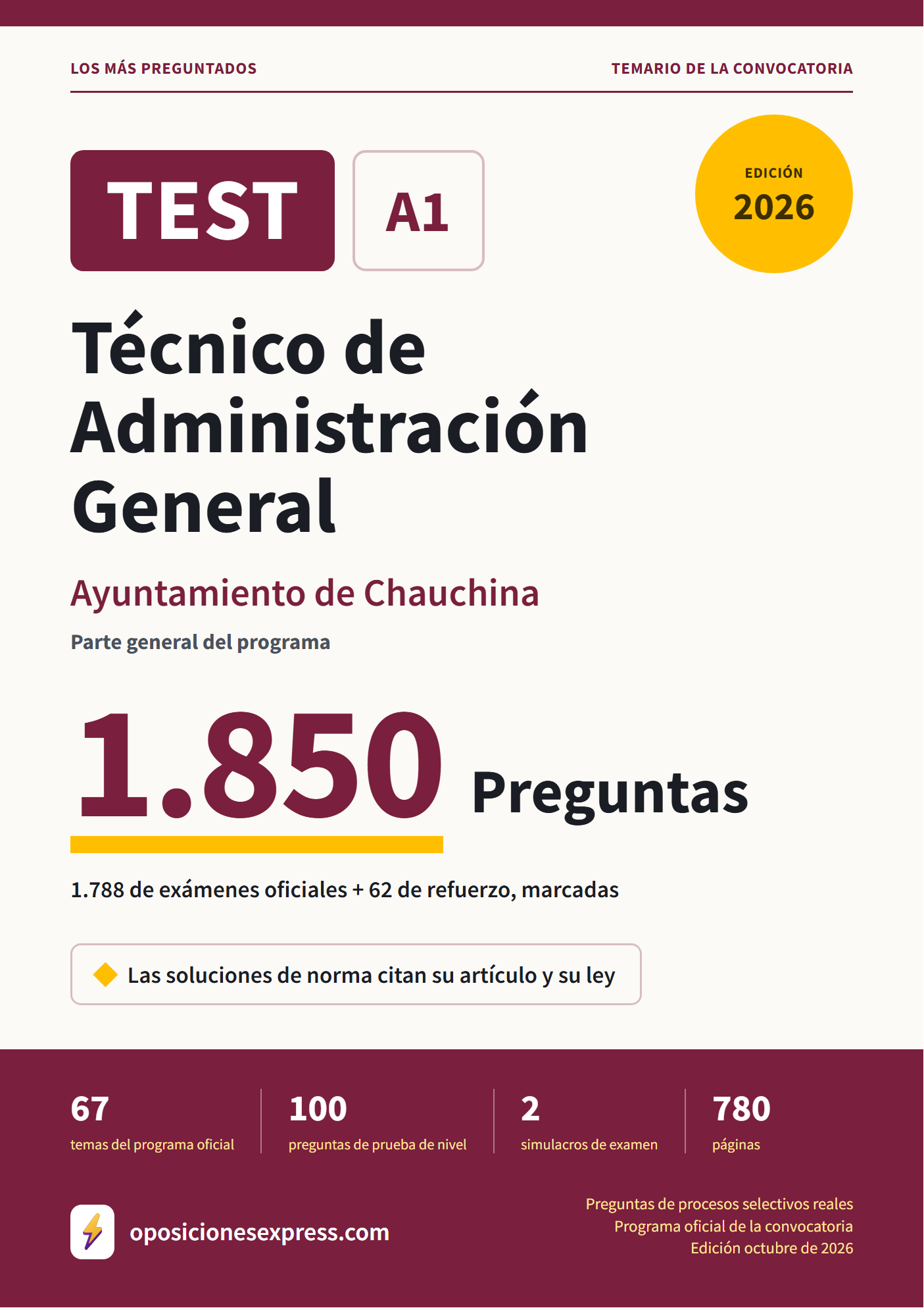 Portada del PDF «TEST Técnico de Administración General · Ayuntamiento de Chauchina · Parte general», 1.788 preguntas reales de examen, edición octubre de 2026