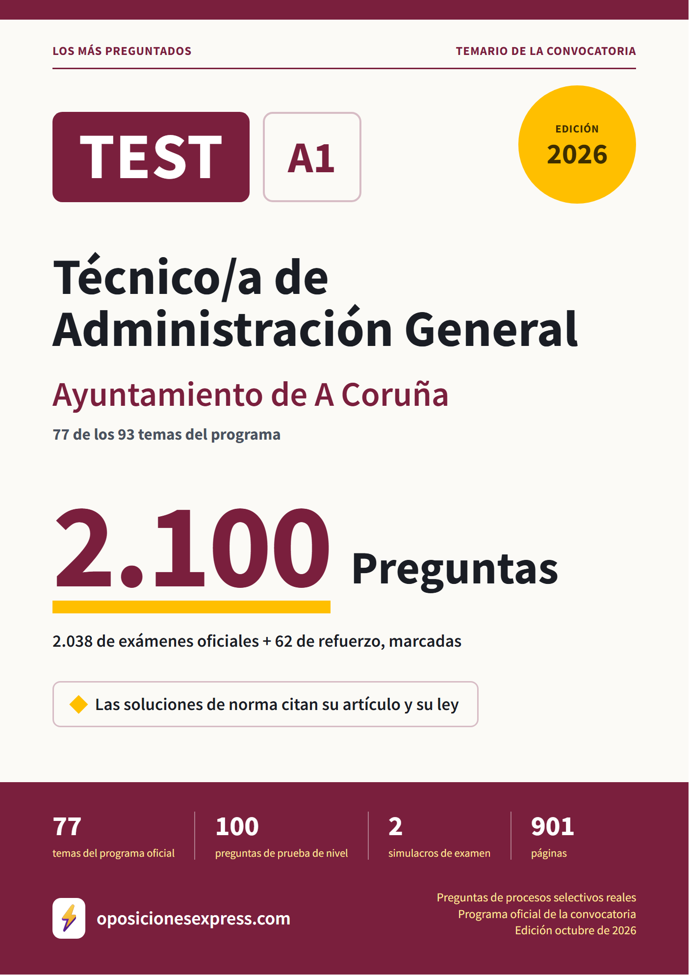 Portada del PDF «TEST Técnico/a de Administración General · Ayuntamiento de A Coruña · 77 de 93 temas», 2.038 preguntas reales de examen, edición octubre de 2026