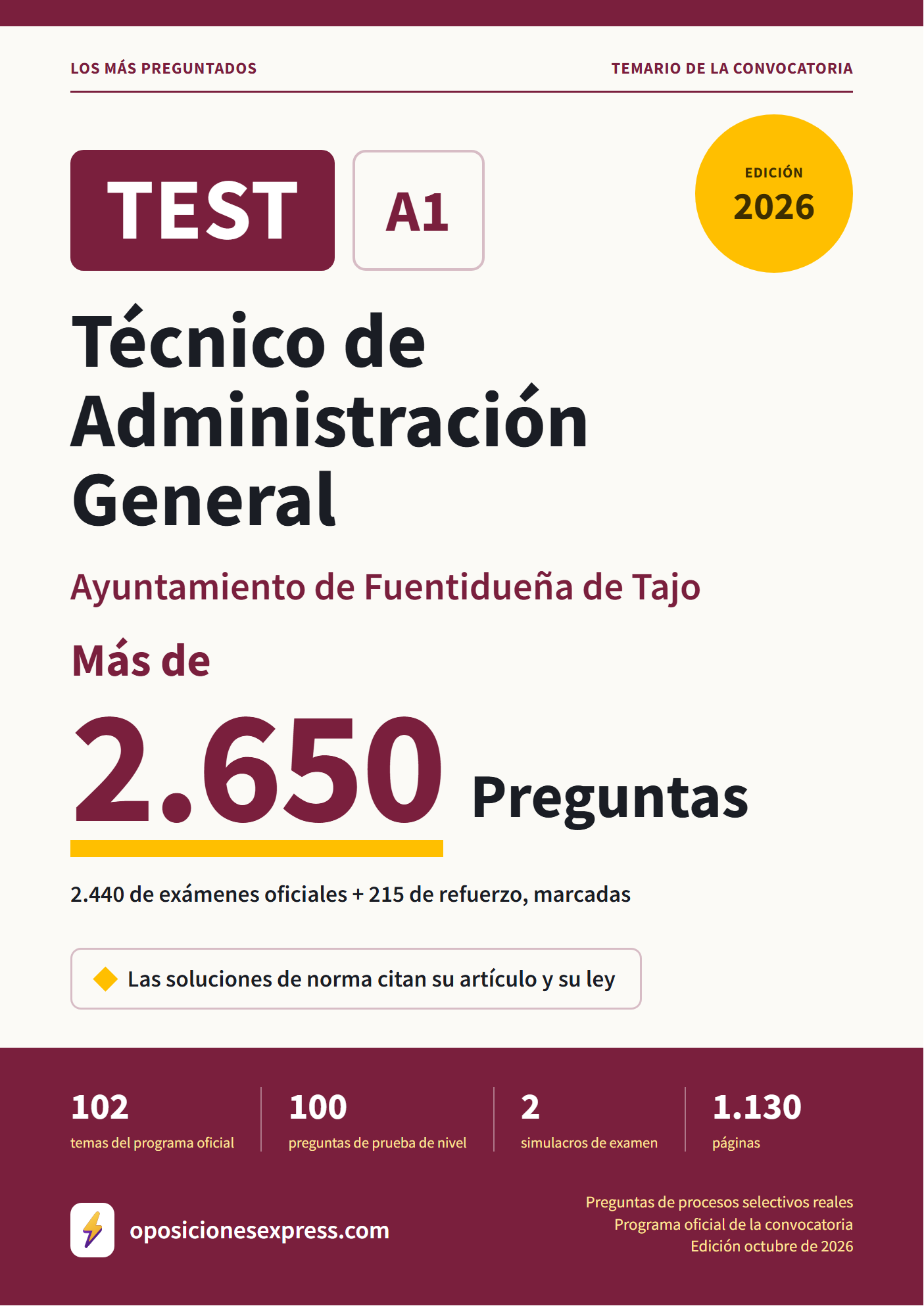 Portada del PDF «TEST Técnico de Administración General · Ayuntamiento de Fuentidueña de Tajo», 2.440 preguntas reales de examen, edición octubre de 2026