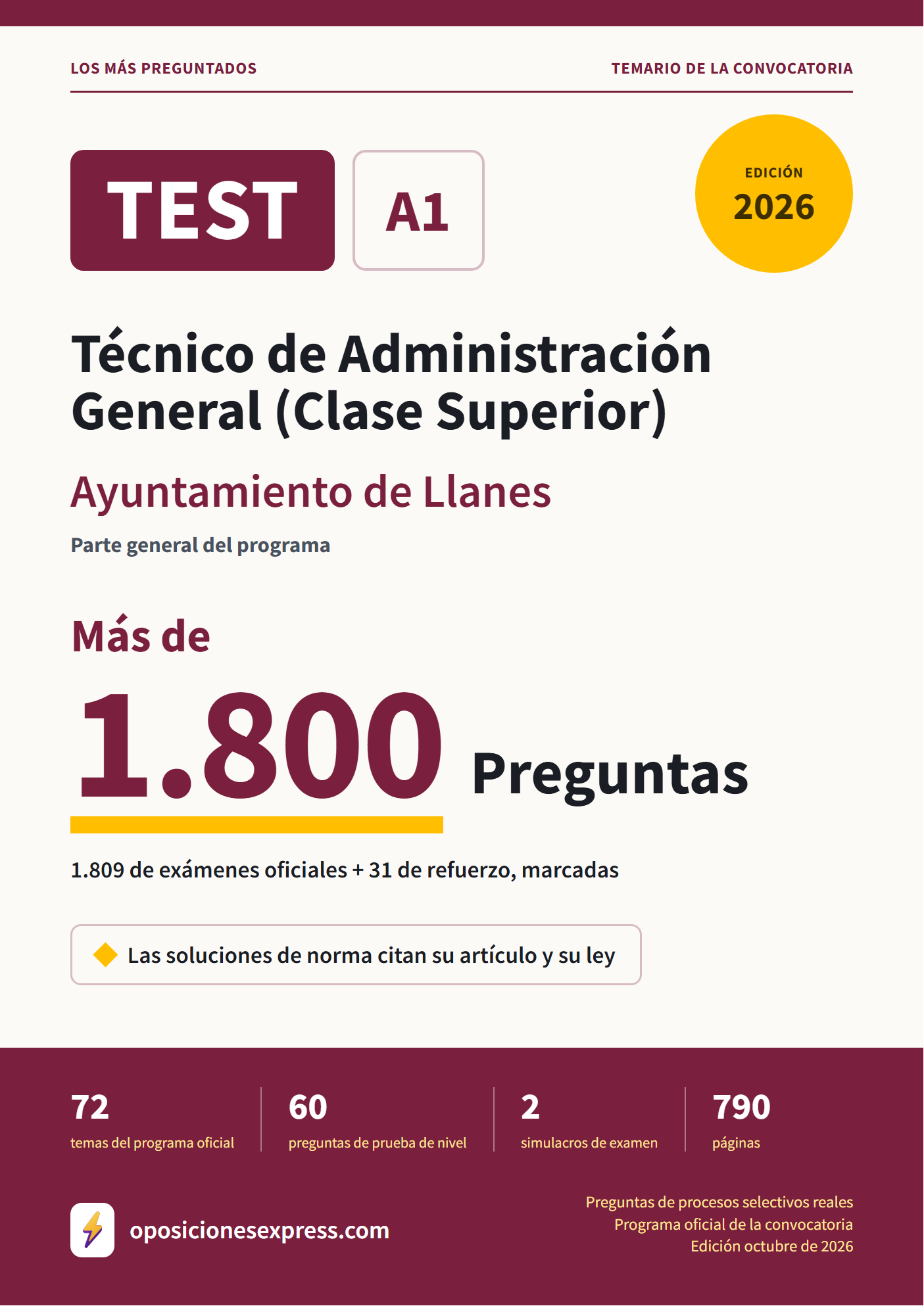 Portada del PDF «TEST Técnico de Administración General (Clase Superior) · Ayuntamiento de Llanes · Parte general», 1.809 preguntas reales de examen, edición octubre de 2026