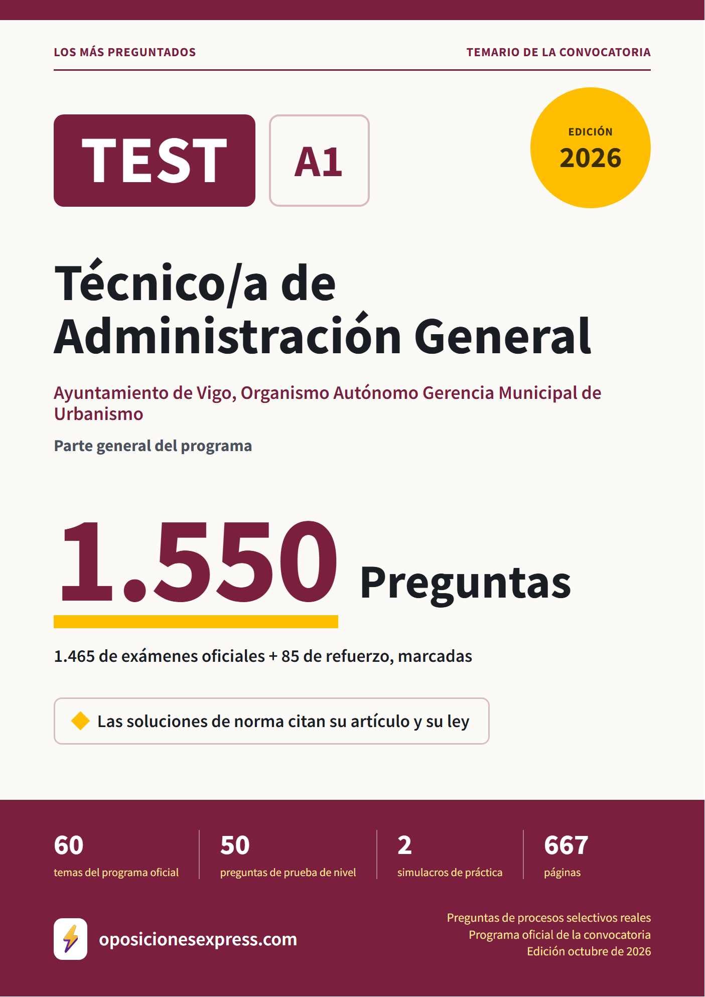 Portada del PDF «TEST Técnico/a de Administración General · Ayuntamiento de Vigo, Organismo Autónomo Gerencia Municipal de Urbanismo · Parte general», 1.465 preguntas reales de examen, edición octubre de 2026