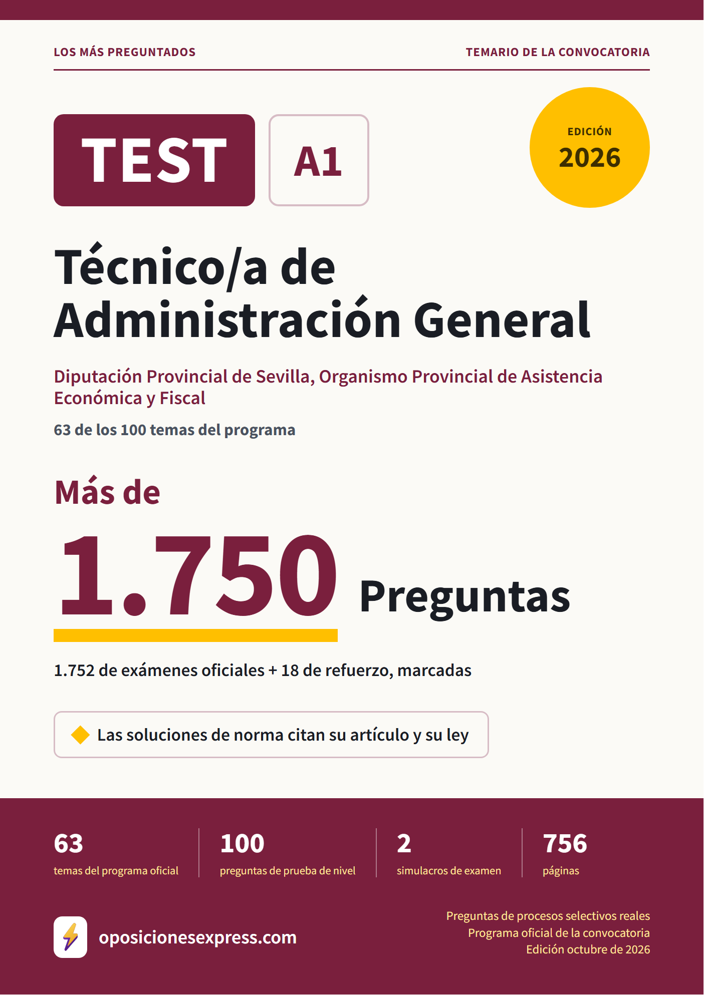 Portada del PDF «TEST Técnico/a de Administración General · Diputación Provincial de Sevilla, Organismo Provincial de Asistencia Económica y Fiscal · 63 de 100 temas», 1.752 preguntas reales de examen, edición octubre de 2026