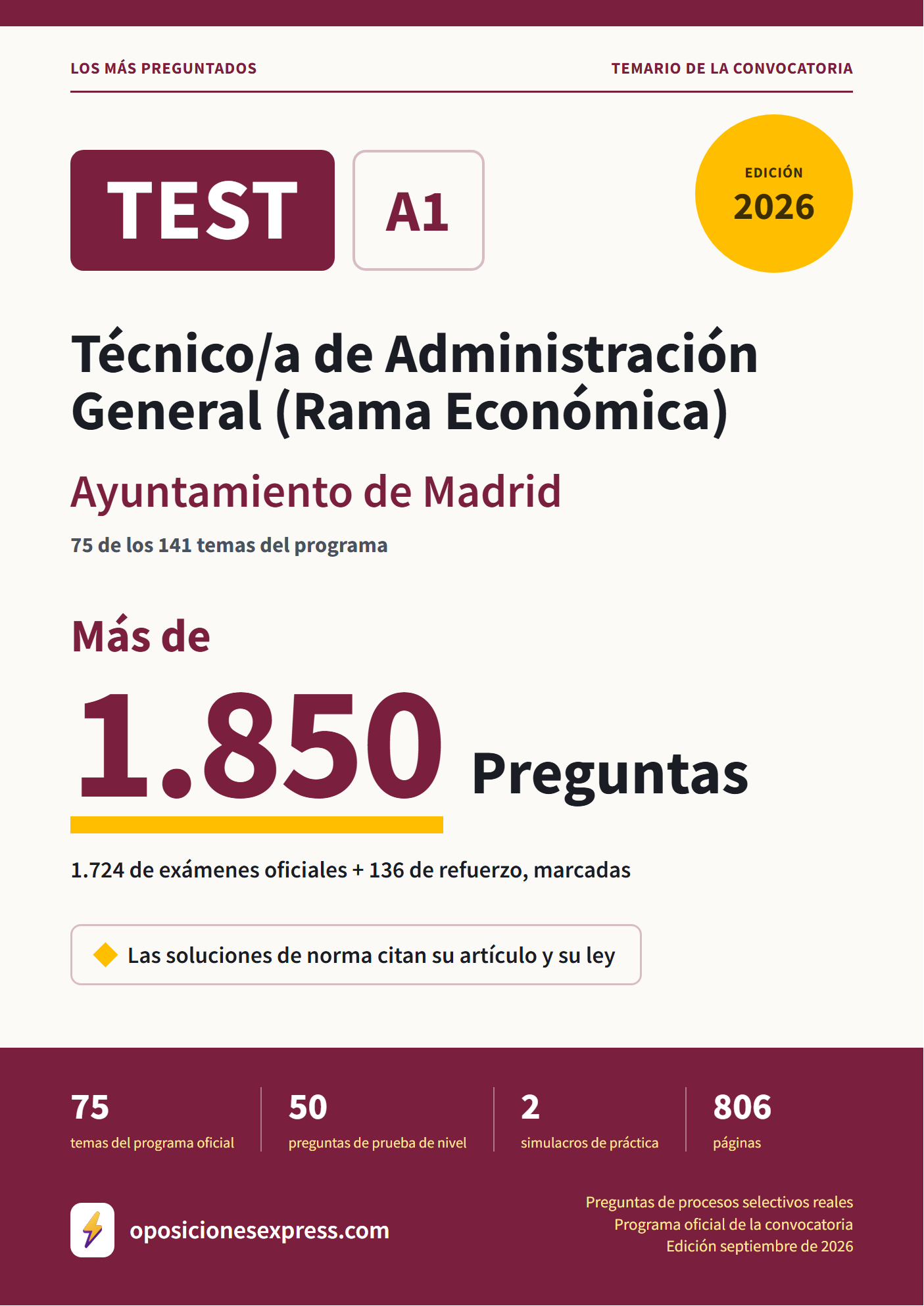 Portada del PDF «TEST Técnico/a de Administración General (Rama Económica) · Ayuntamiento de Madrid · 75 de 141 temas», 1.724 preguntas reales de examen, edición septiembre de 2026