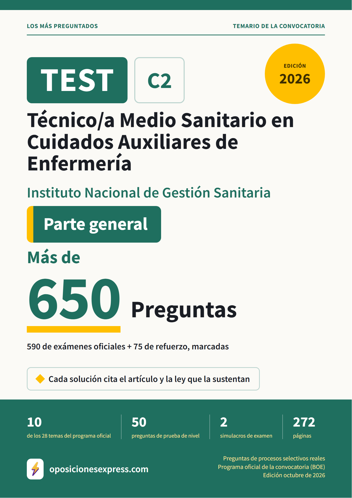 Portada del PDF «TEST Técnico/a Medio Sanitario en Cuidados Auxiliares de Enfermería · Instituto Nacional de Gestión Sanitaria — Parte general», 590 preguntas reales de examen, edición octubre de 2026
