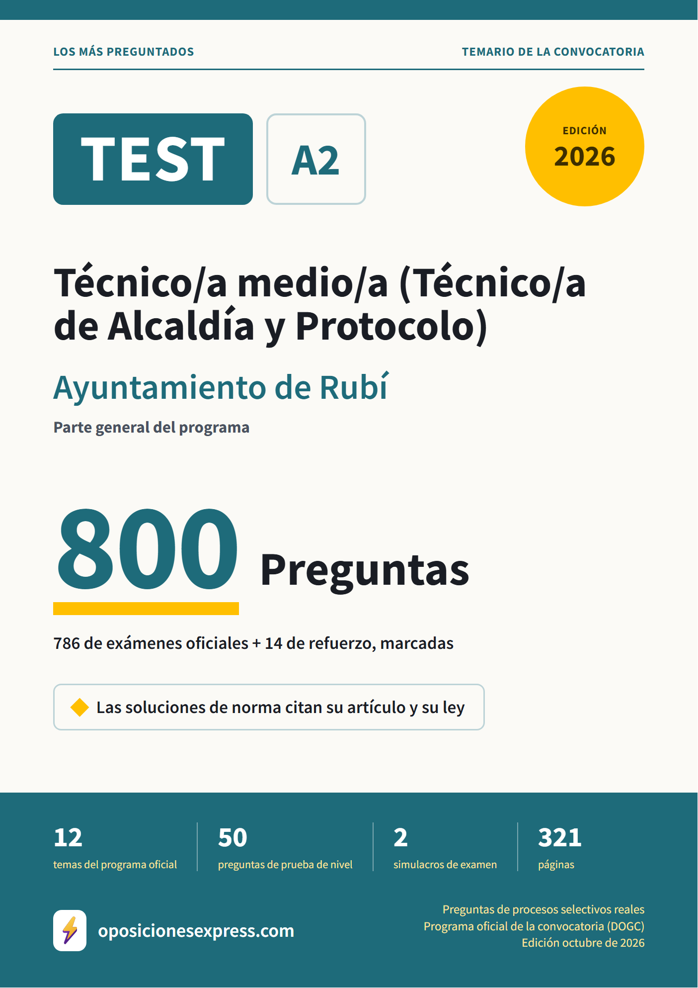 Portada del PDF «TEST Técnico/a medio/a (Técnico/a de Alcaldía y Protocolo) · Ayuntamiento de Rubí · Parte general», 786 preguntas reales de examen, edición octubre de 2026