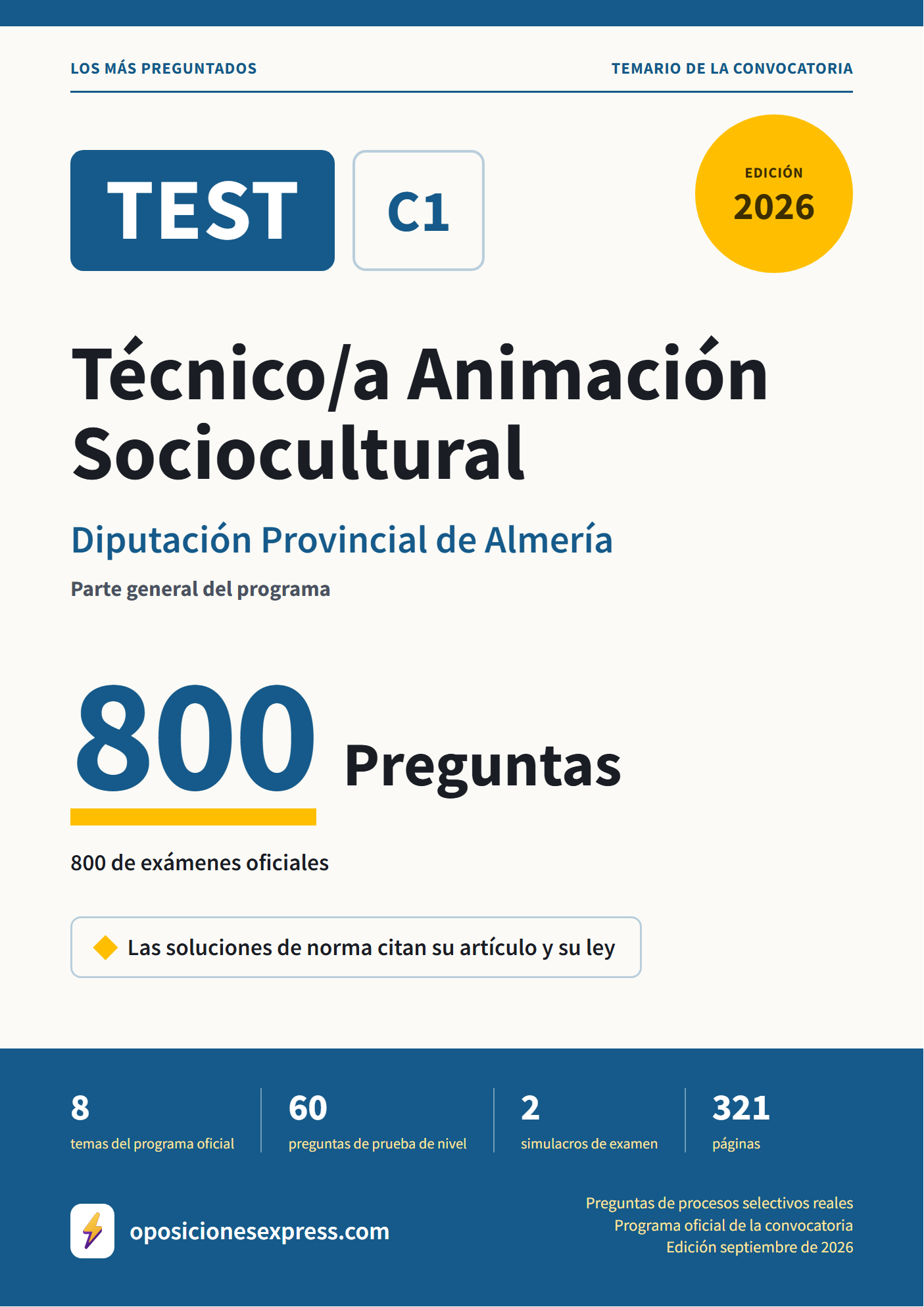 Portada del PDF «TEST Técnico/a Animación Sociocultural · Diputación Provincial de Almería · Parte general», 800 preguntas reales de examen, edición septiembre de 2026