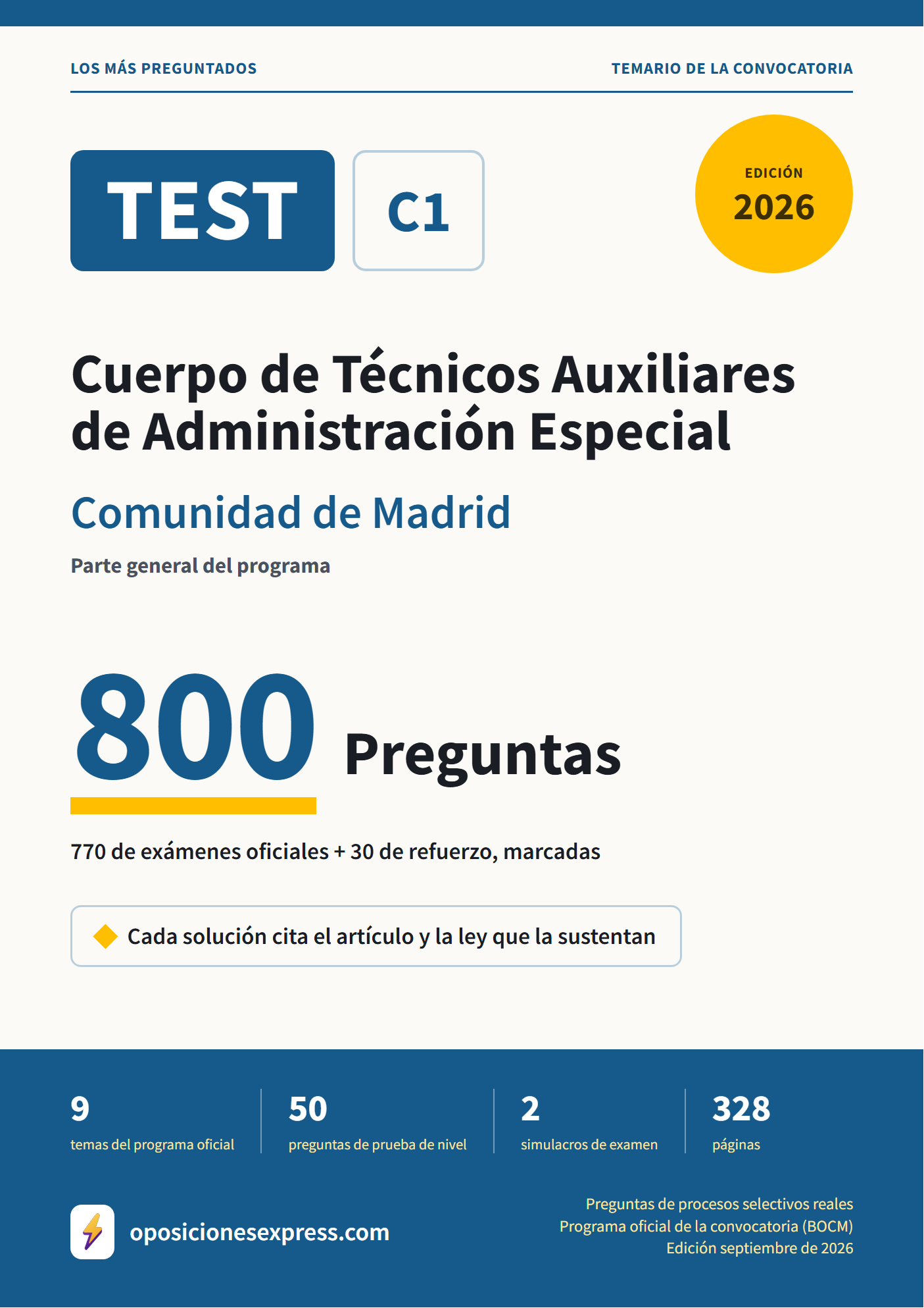 Portada del PDF «TEST Cuerpo de Técnicos Auxiliares de Administración Especial · Comunidad de Madrid · Parte general», 770 preguntas reales de examen, edición septiembre de 2026