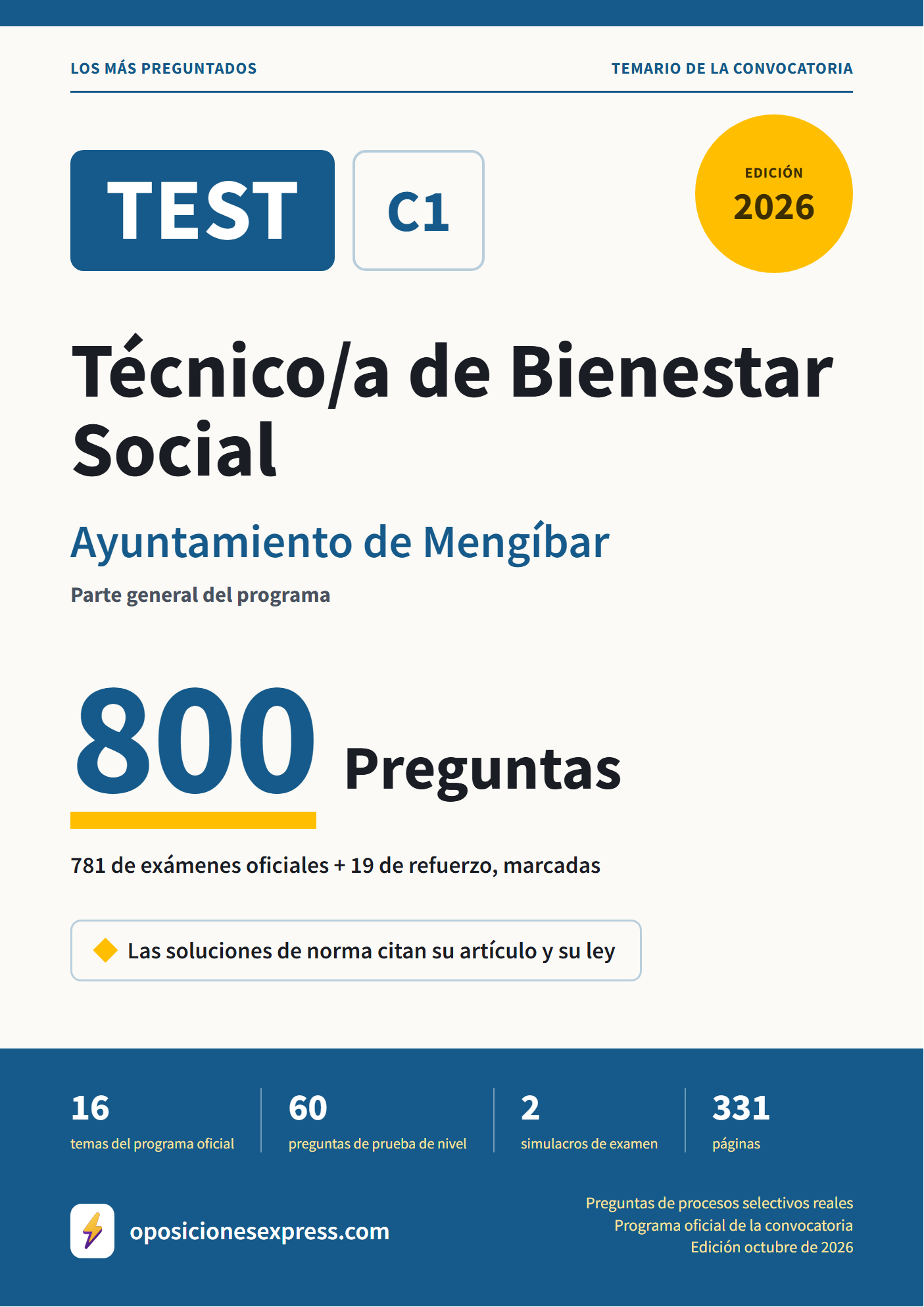 Portada del PDF «TEST Técnico/a de Bienestar Social · Ayuntamiento de Mengíbar · Parte general», 781 preguntas reales de examen, edición octubre de 2026