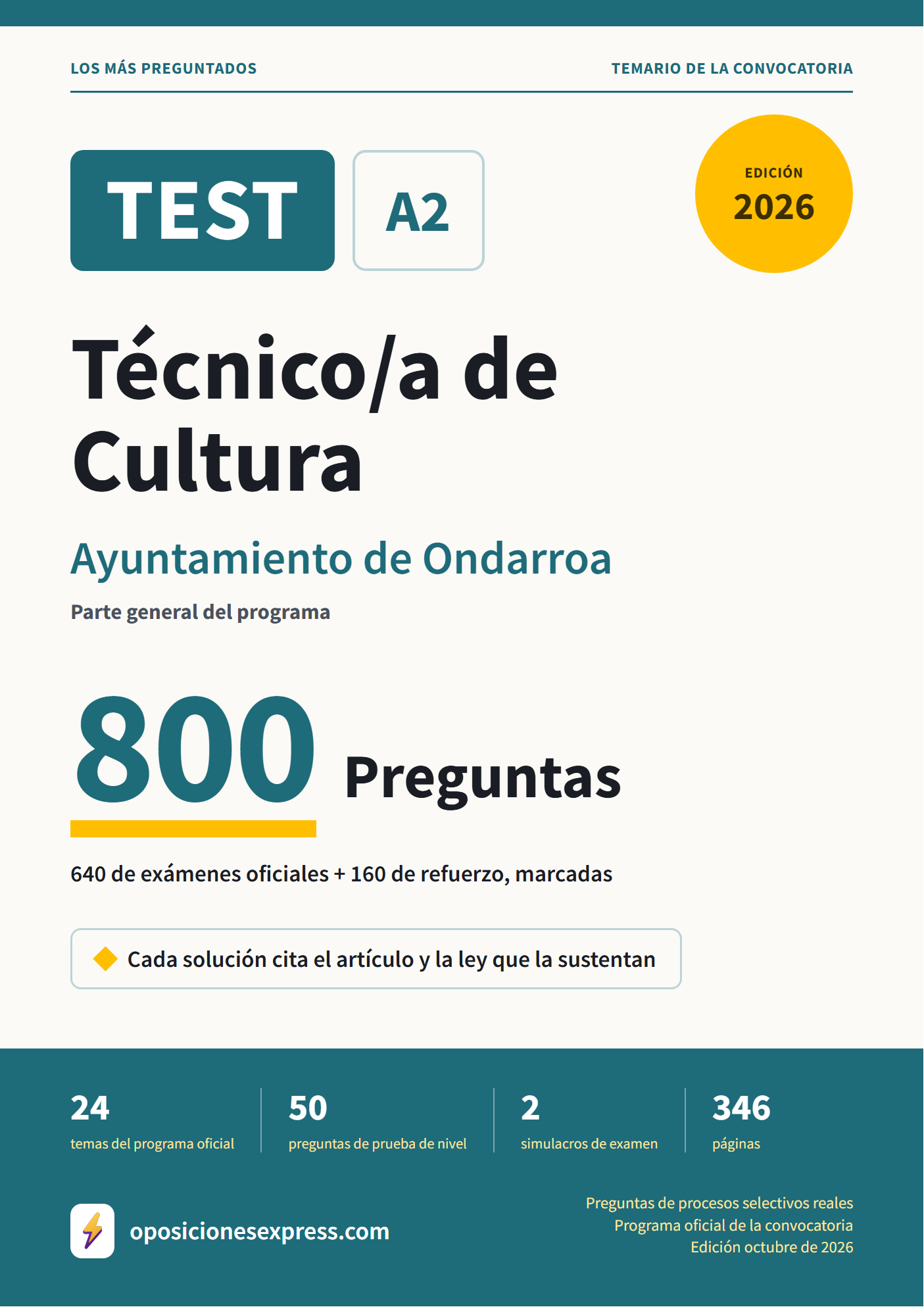Portada del PDF «TEST Técnico/a de Cultura · Ayuntamiento de Ondarroa · Parte general», 640 preguntas reales de examen, edición octubre de 2026