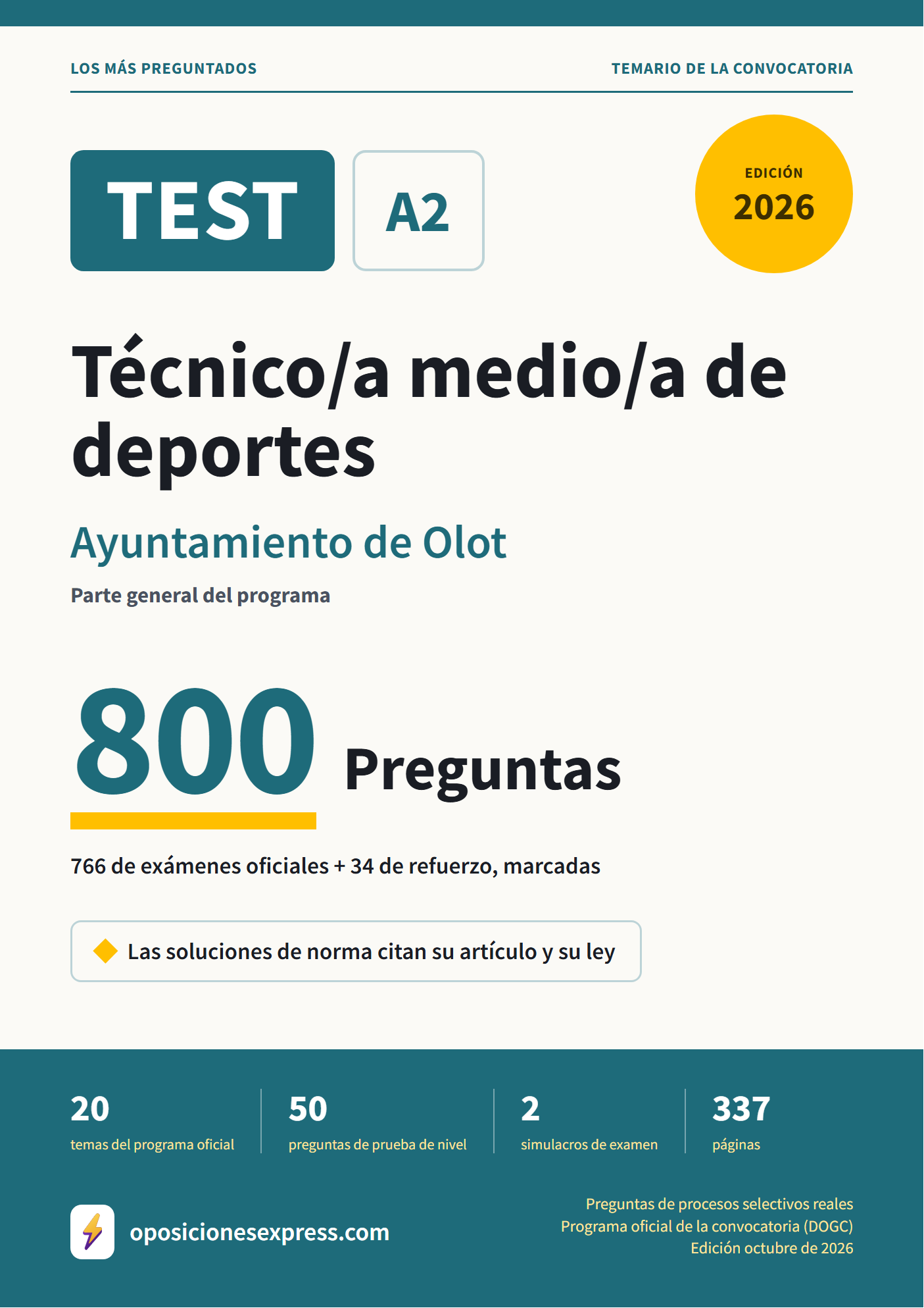 Portada del PDF «TEST Técnico/a medio/a de deportes · Ayuntamiento de Olot · Parte general», 766 preguntas reales de examen, edición octubre de 2026