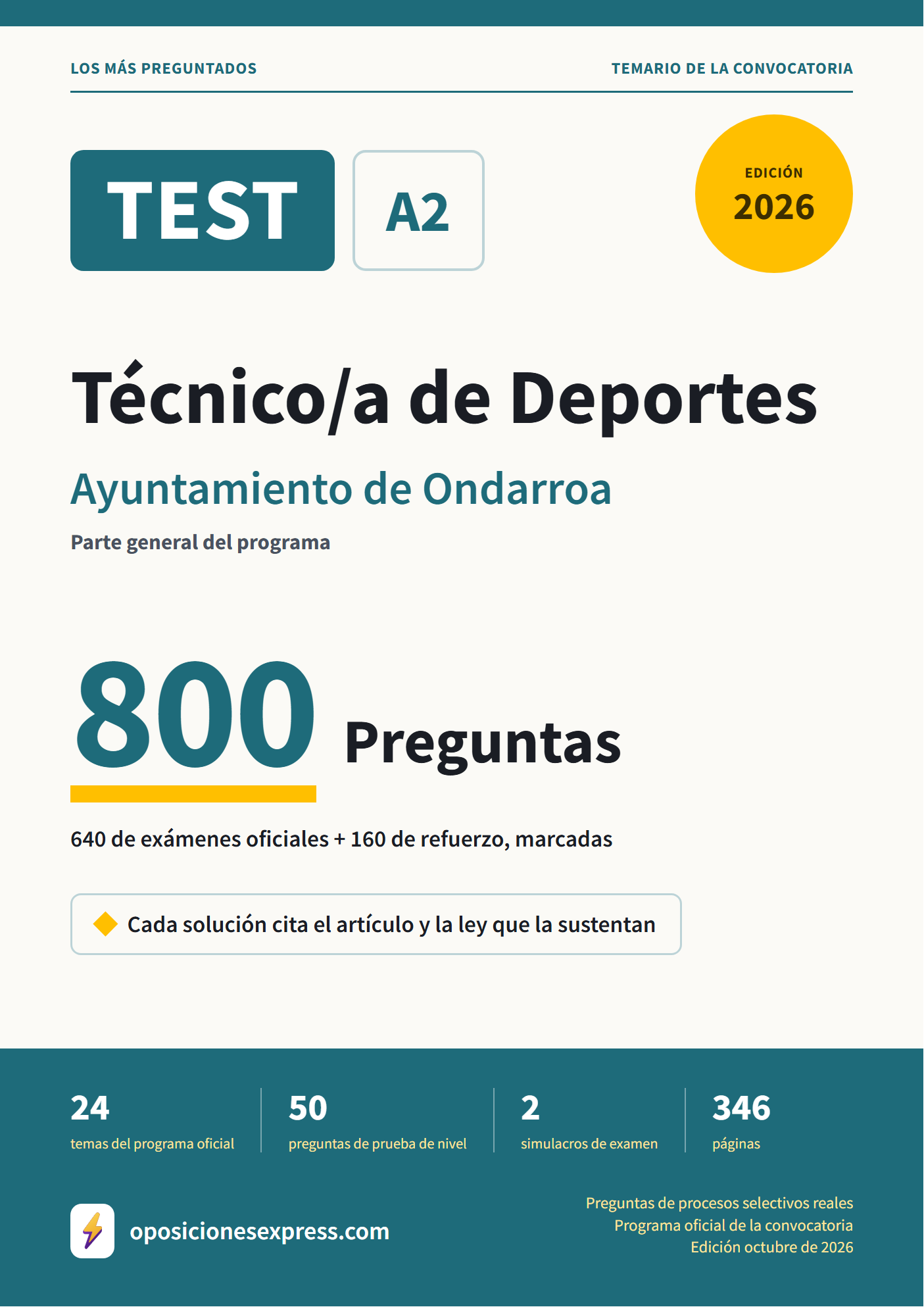 Portada del PDF «TEST Técnico/a de Deportes · Ayuntamiento de Ondarroa · Parte general», 640 preguntas reales de examen, edición octubre de 2026