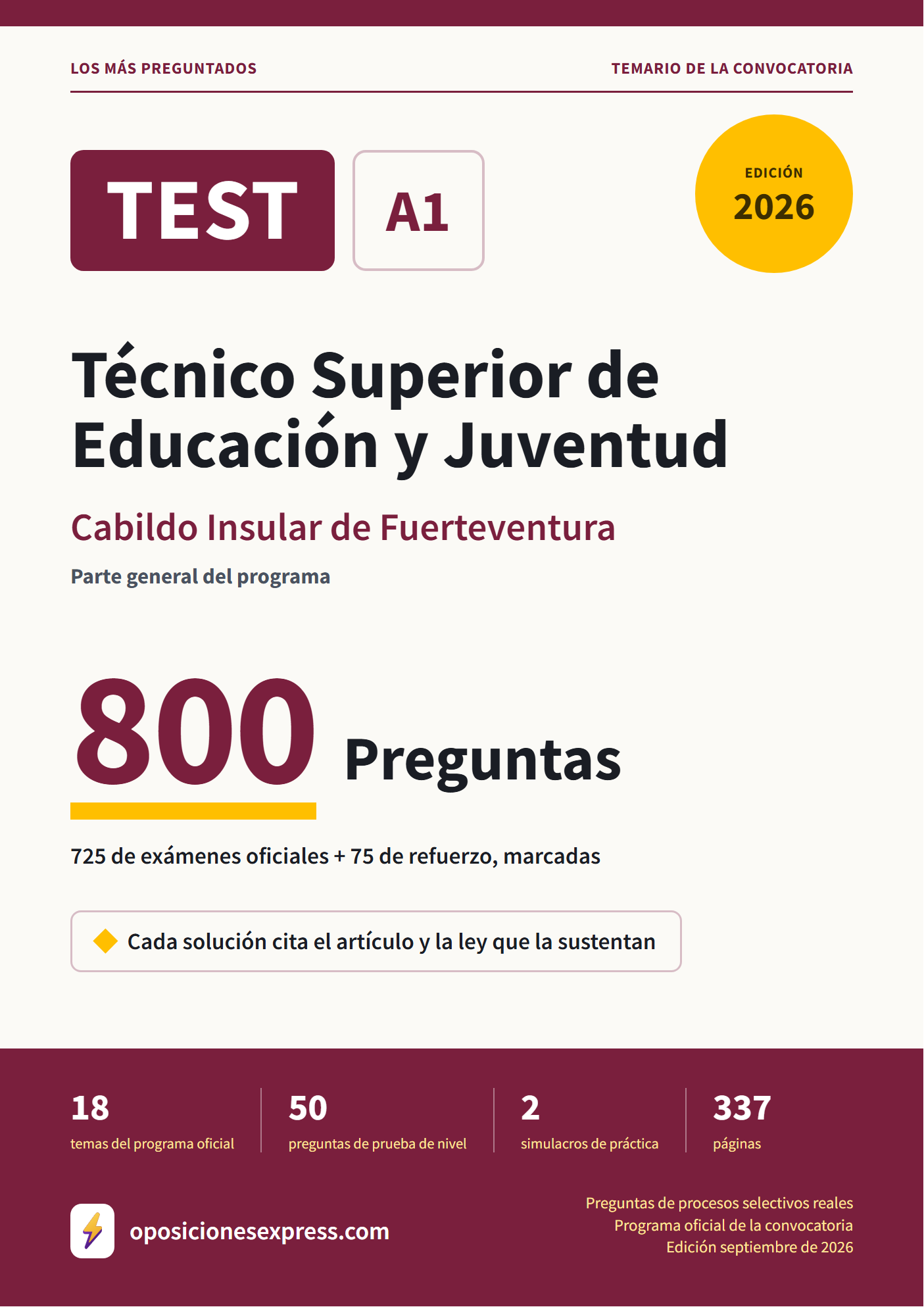 Portada del PDF «TEST Técnico Superior de Educación y Juventud · Cabildo Insular de Fuerteventura · Parte general», 725 preguntas reales de examen, edición septiembre de 2026