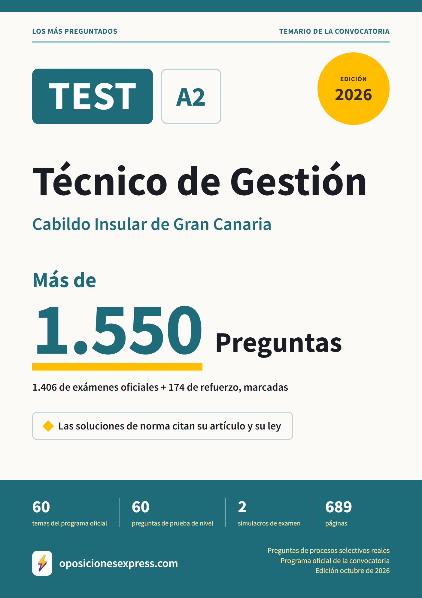 Portada del PDF «TEST Técnico de Gestión · Cabildo Insular de Gran Canaria», 1.406 preguntas reales de examen, edición octubre de 2026