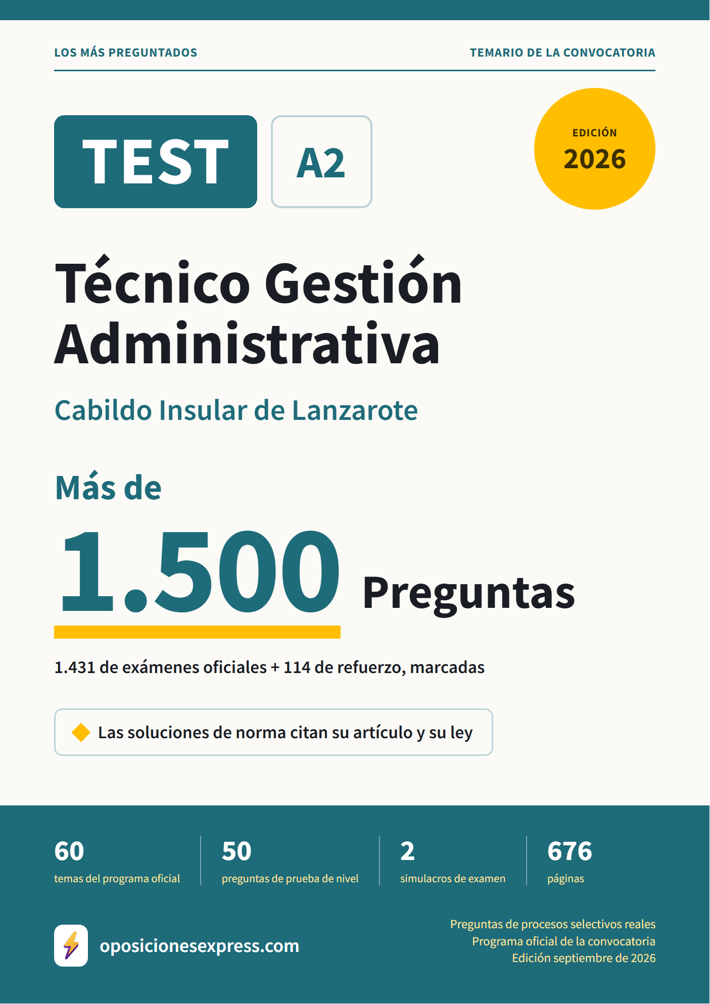 Portada del PDF «TEST Técnico Gestión Administrativa · Cabildo Insular de Lanzarote», 1.431 preguntas reales de examen, edición septiembre de 2026
