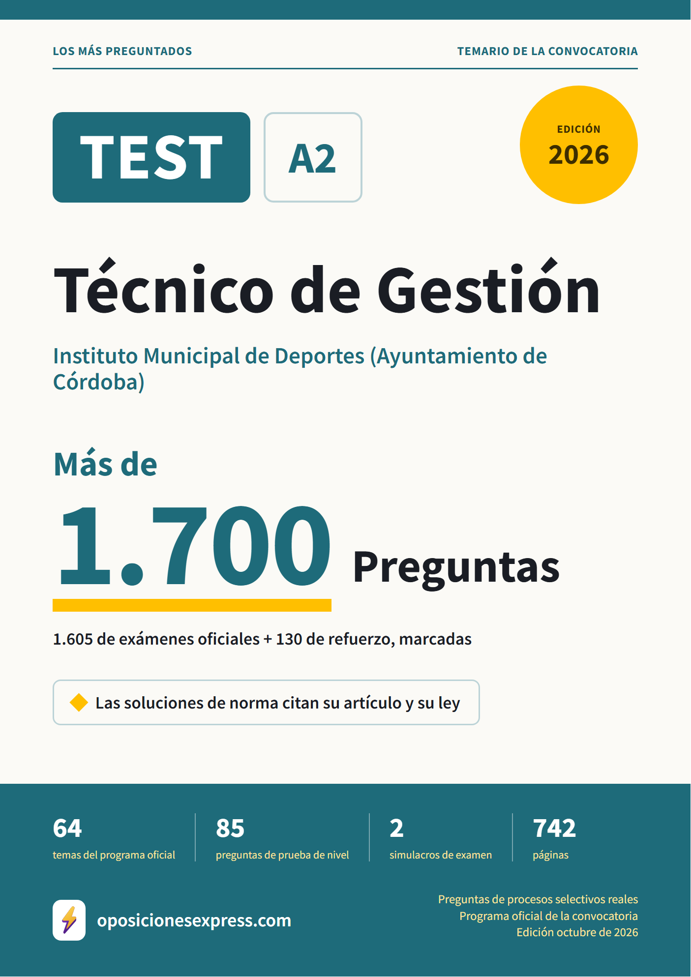 Portada del PDF «TEST Técnico de Gestión · Instituto Municipal de Deportes (Ayuntamiento de Córdoba)», 1.605 preguntas reales de examen, edición octubre de 2026