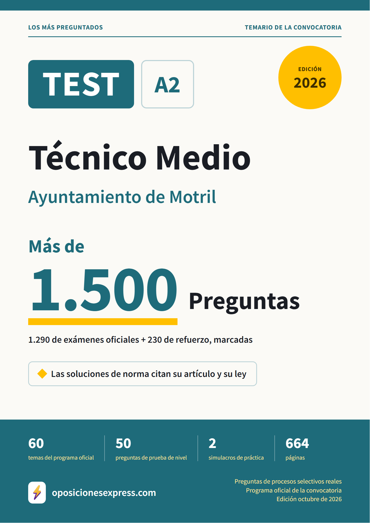 Portada del PDF «TEST Técnico Medio · Ayuntamiento de Motril», 1.290 preguntas reales de examen, edición octubre de 2026