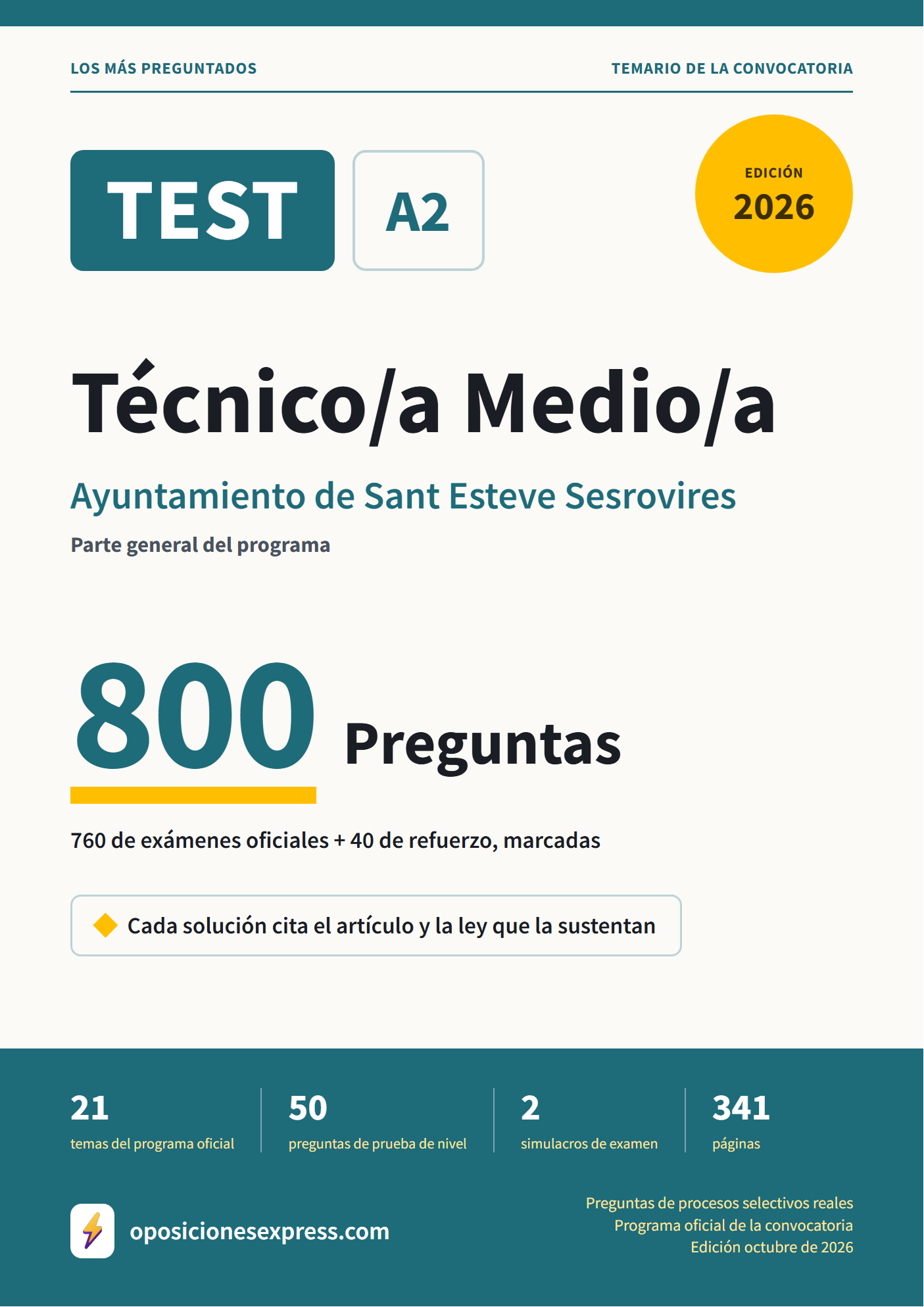Portada del PDF «TEST Técnico/a Medio/a · Ayuntamiento de Sant Esteve Sesrovires · Parte general», 760 preguntas reales de examen, edición octubre de 2026
