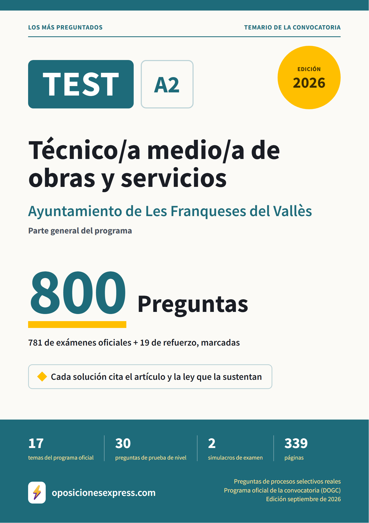 Portada del PDF «TEST Técnico/a medio/a de obras y servicios · Ayuntamiento de Les Franqueses del Vallès · Parte general», 781 preguntas reales de examen, edición septiembre de 2026