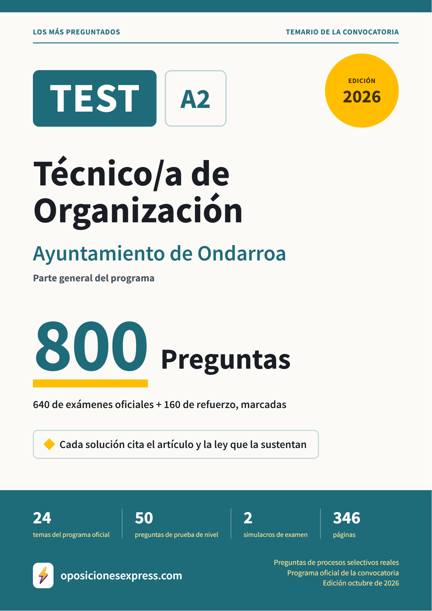 Portada del PDF «TEST Técnico/a de Organización · Ayuntamiento de Ondarroa · Parte general», 640 preguntas reales de examen, edición octubre de 2026