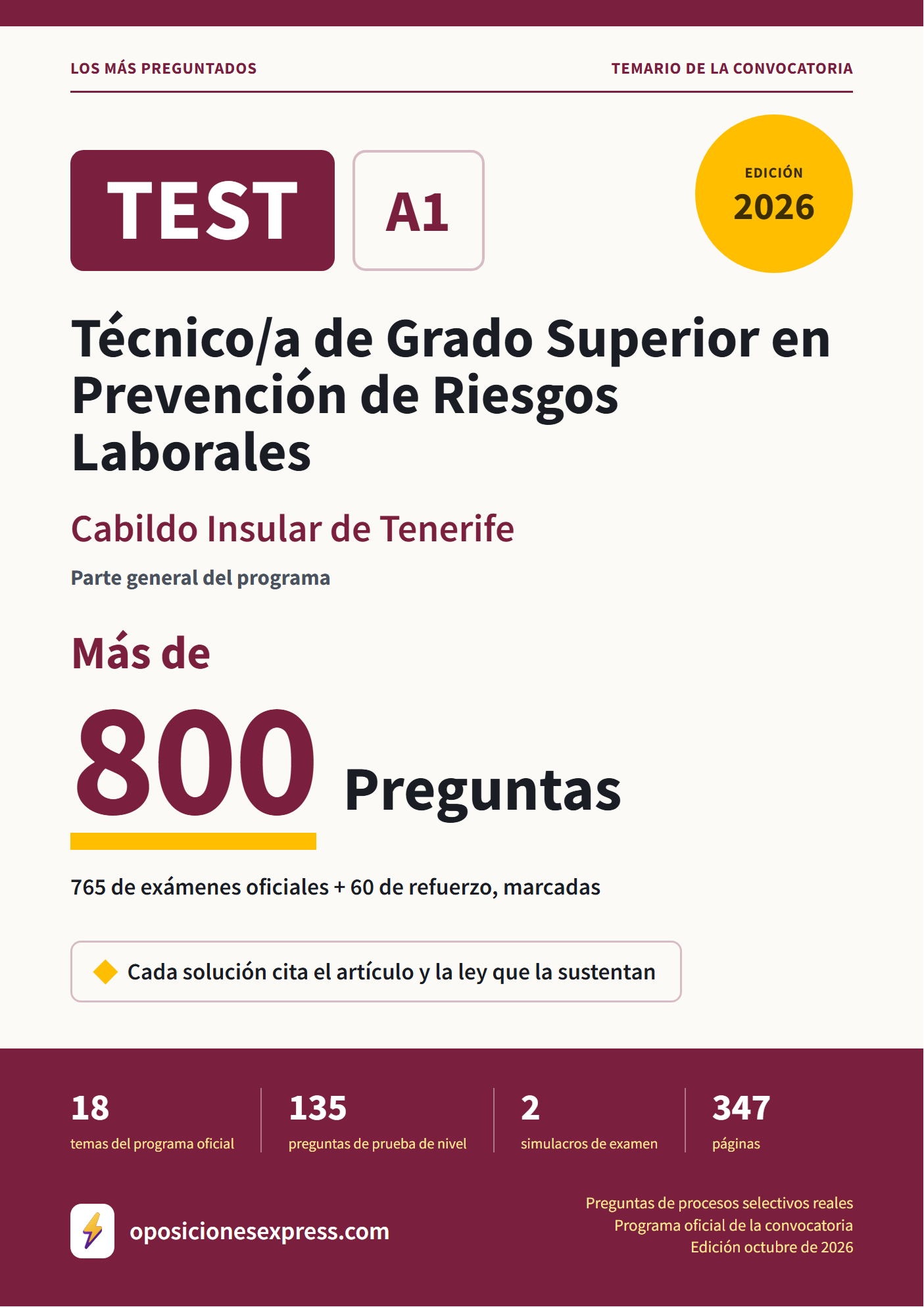 Portada del PDF «TEST Técnico/a de Grado Superior en Prevención de Riesgos Laborales · Cabildo Insular de Tenerife · Parte general», 765 preguntas reales de examen, edición octubre de 2026