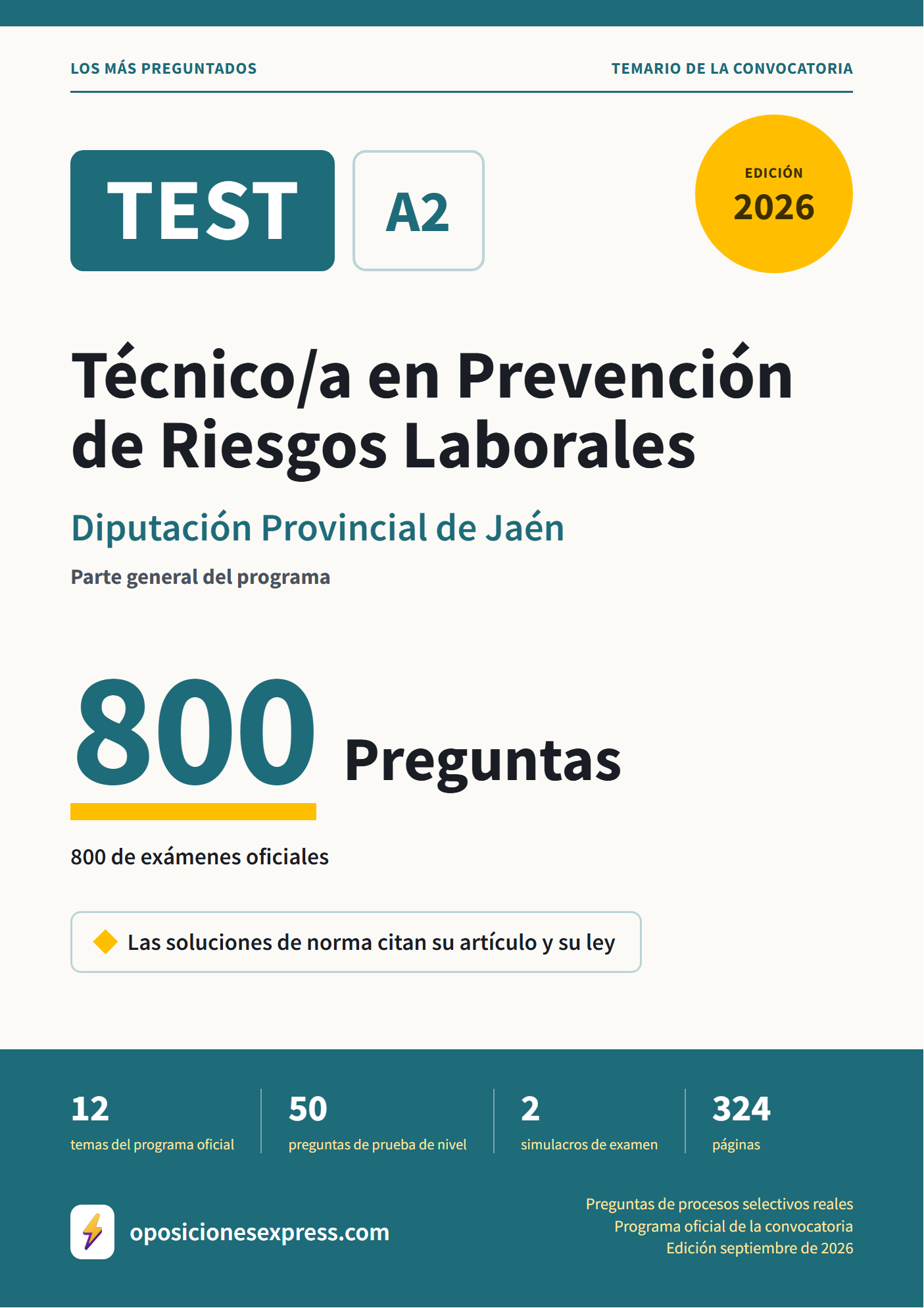 Portada del PDF «TEST Técnico/a en Prevención de Riesgos Laborales · Diputación Provincial de Jaén · Parte general», 800 preguntas reales de examen, edición septiembre de 2026