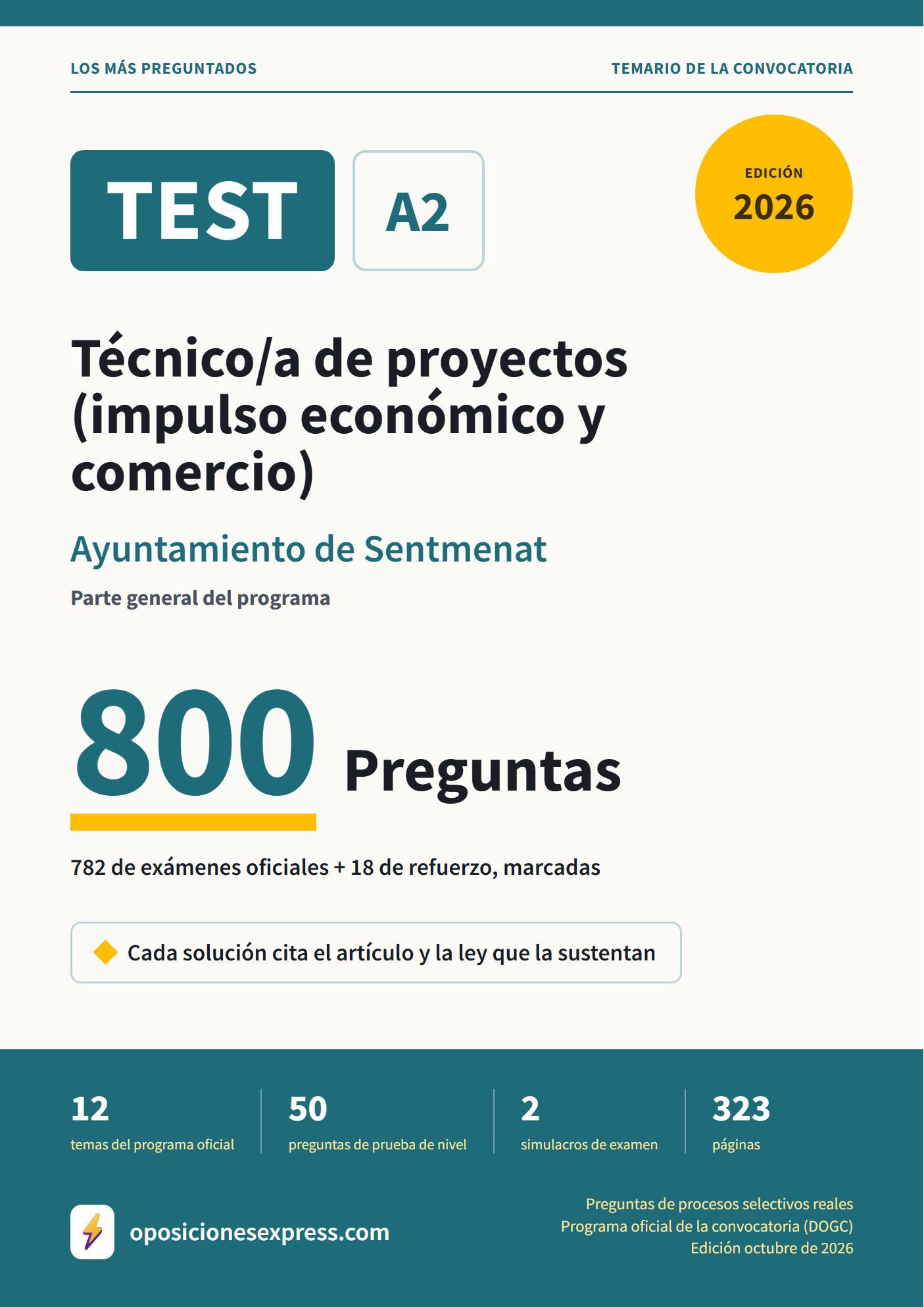 Portada del PDF «TEST Técnico/a de proyectos (impulso económico y comercio) · Ayuntamiento de Sentmenat · Parte general», 782 preguntas reales de examen, edición octubre de 2026