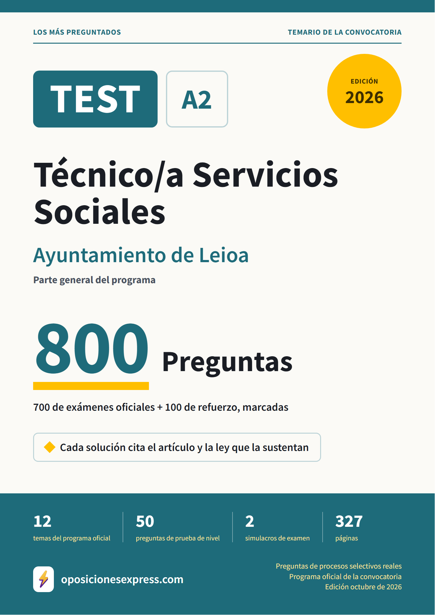 Portada del PDF «TEST Técnico/a Servicios Sociales · Ayuntamiento de Leioa · Parte general», 700 preguntas reales de examen, edición octubre de 2026