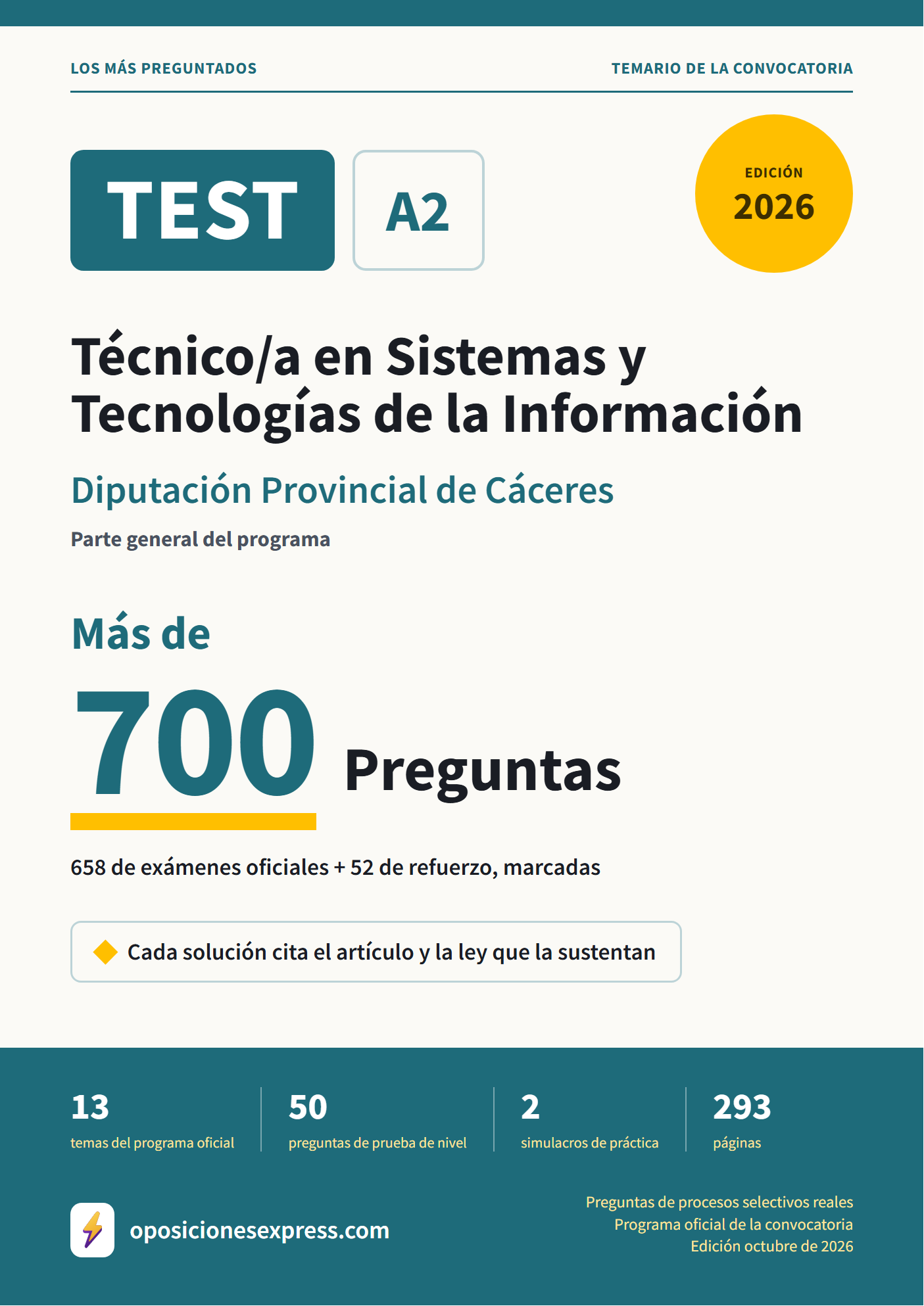 Portada del PDF «TEST Técnico/a en Sistemas y Tecnologías de la Información · Diputación Provincial de Cáceres · Parte general», 658 preguntas reales de examen, edición octubre de 2026