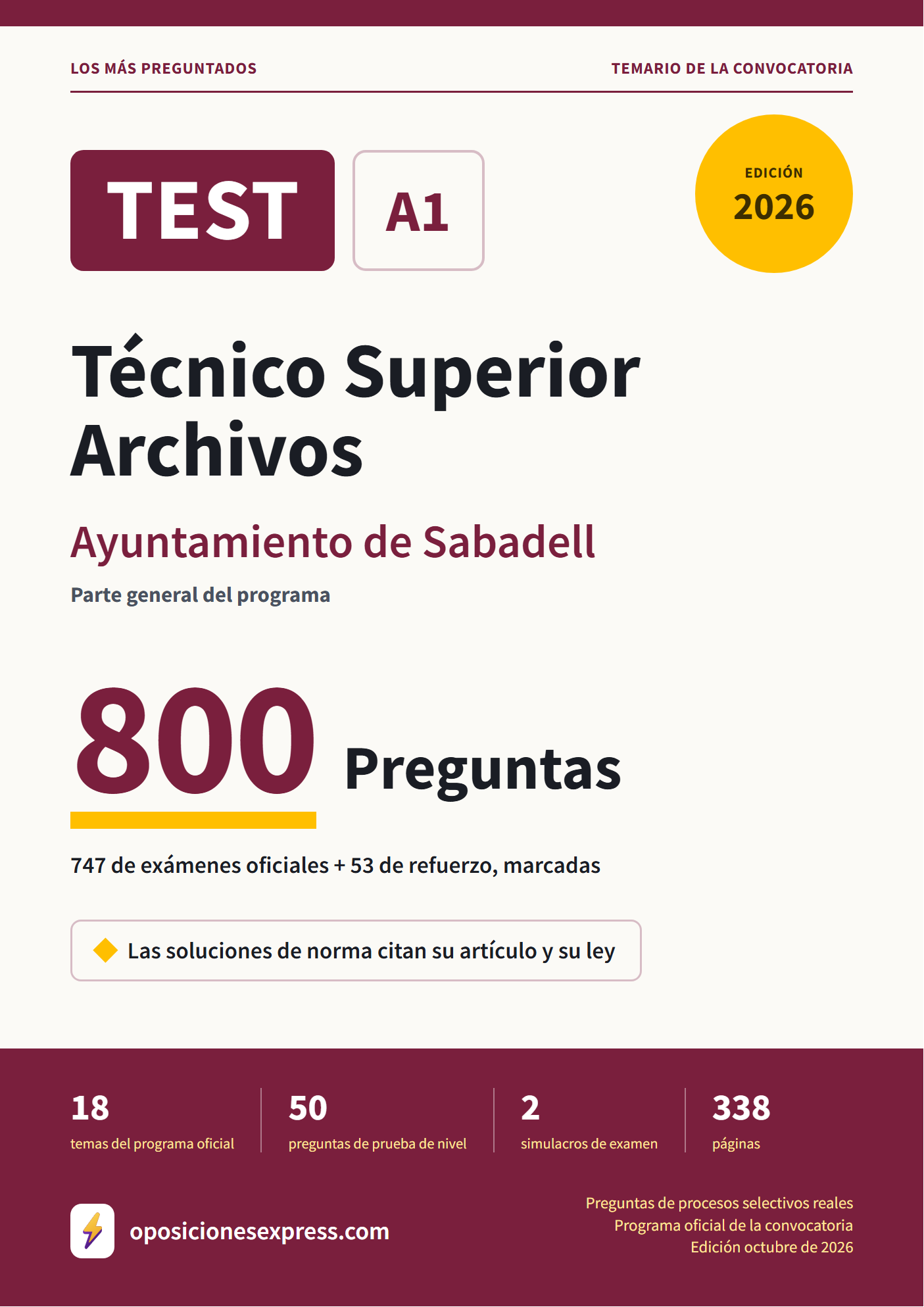Portada del PDF «TEST Técnico Superior Archivos · Ayuntamiento de Sabadell · Parte general», 747 preguntas reales de examen, edición octubre de 2026