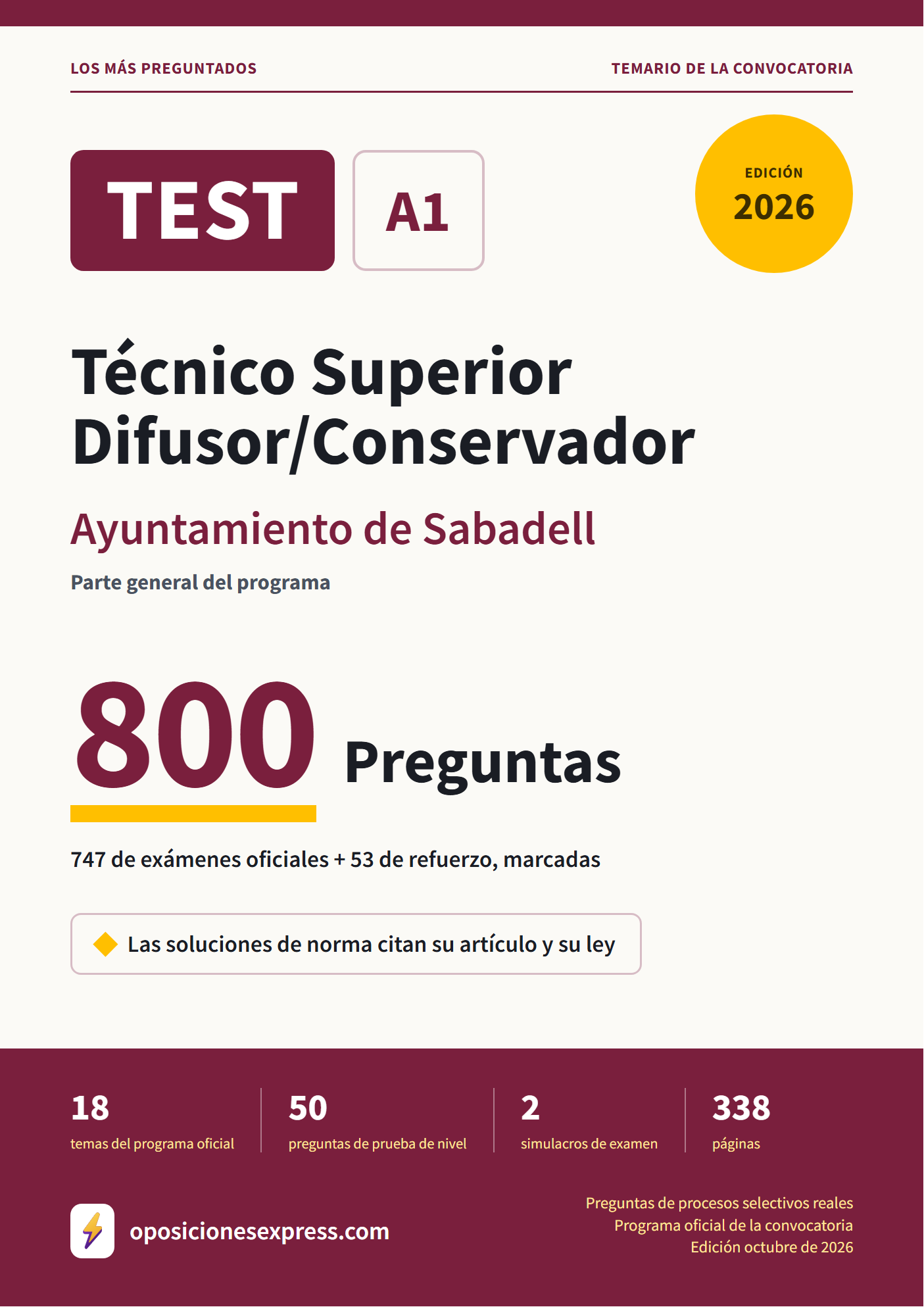 Portada del PDF «TEST Técnico Superior Difusor/Conservador · Ayuntamiento de Sabadell · Parte general», 747 preguntas reales de examen, edición octubre de 2026