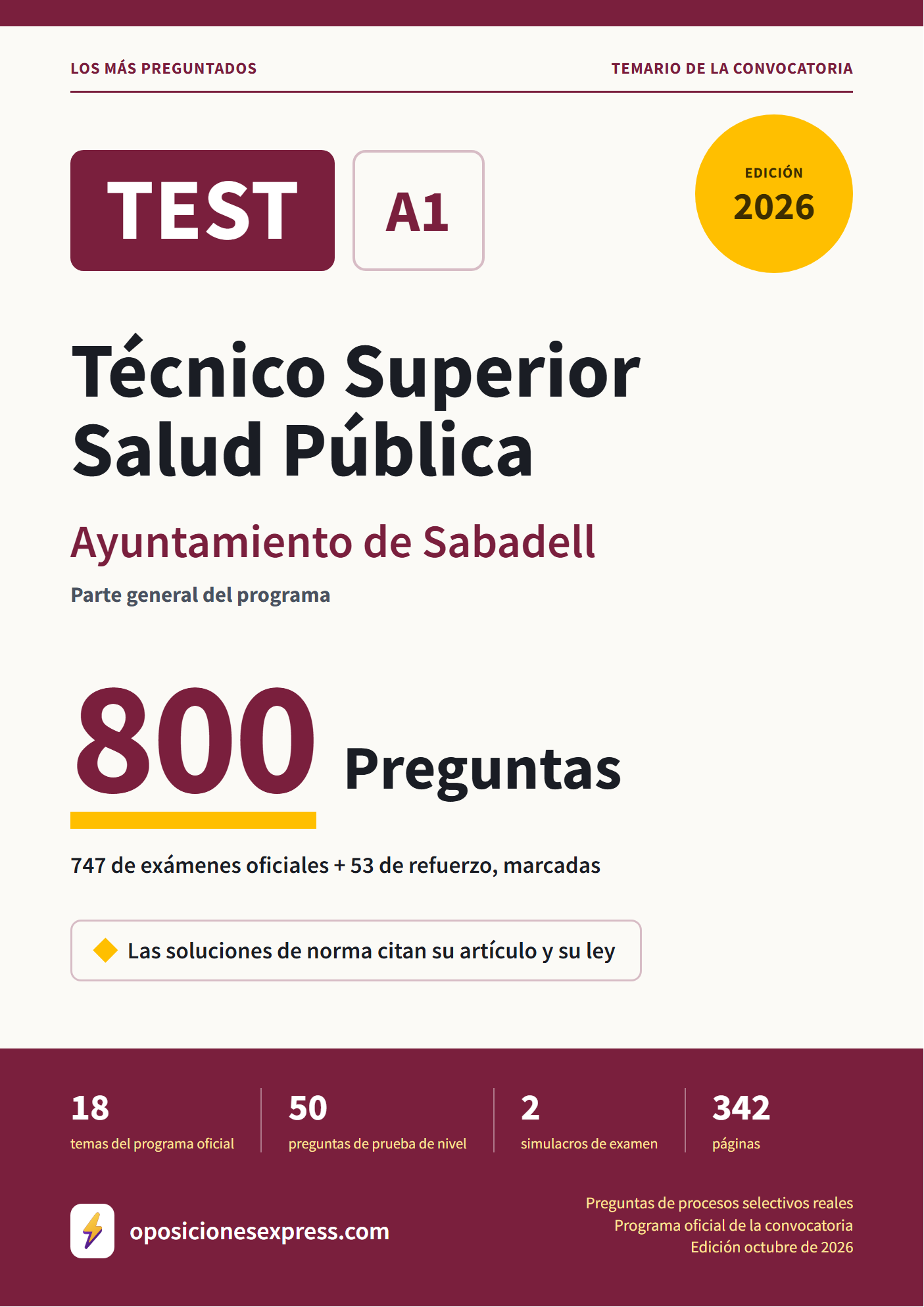 Portada del PDF «TEST Técnico Superior Salud Pública · Ayuntamiento de Sabadell · Parte general», 747 preguntas reales de examen, edición octubre de 2026