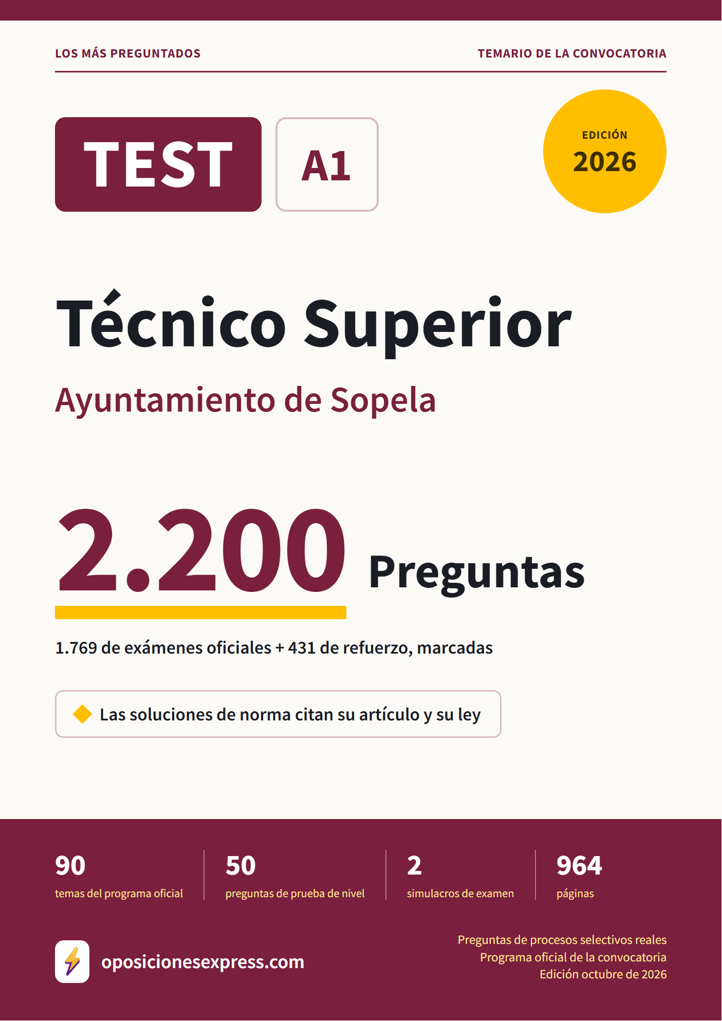 Portada del PDF «TEST Técnico Superior · Ayuntamiento de Sopela», 1.769 preguntas reales de examen, edición octubre de 2026