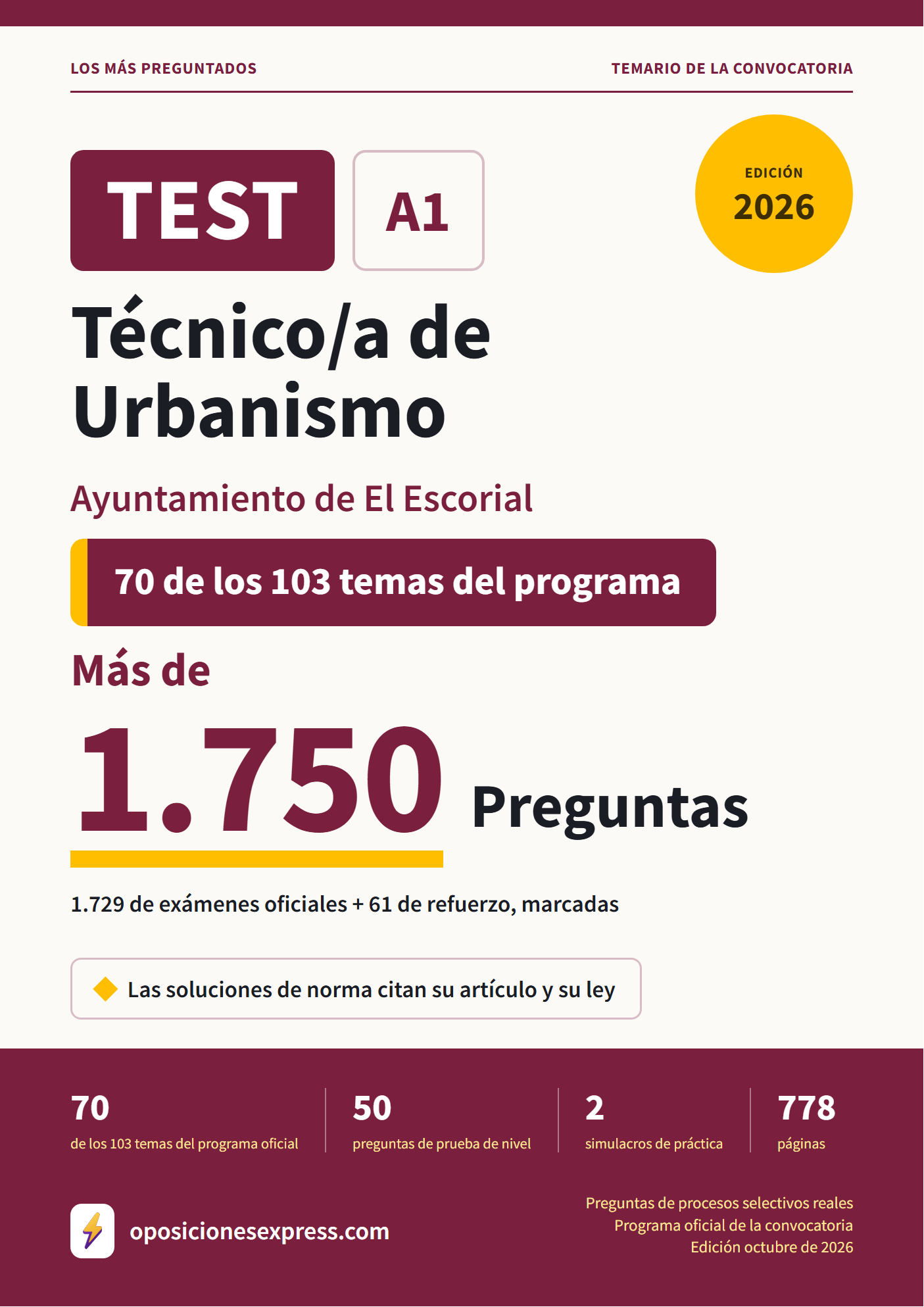 Portada del PDF «TEST Técnico/a de Urbanismo · Ayuntamiento de El Escorial — 70 de 103 temas», 1.729 preguntas reales de examen, edición octubre de 2026