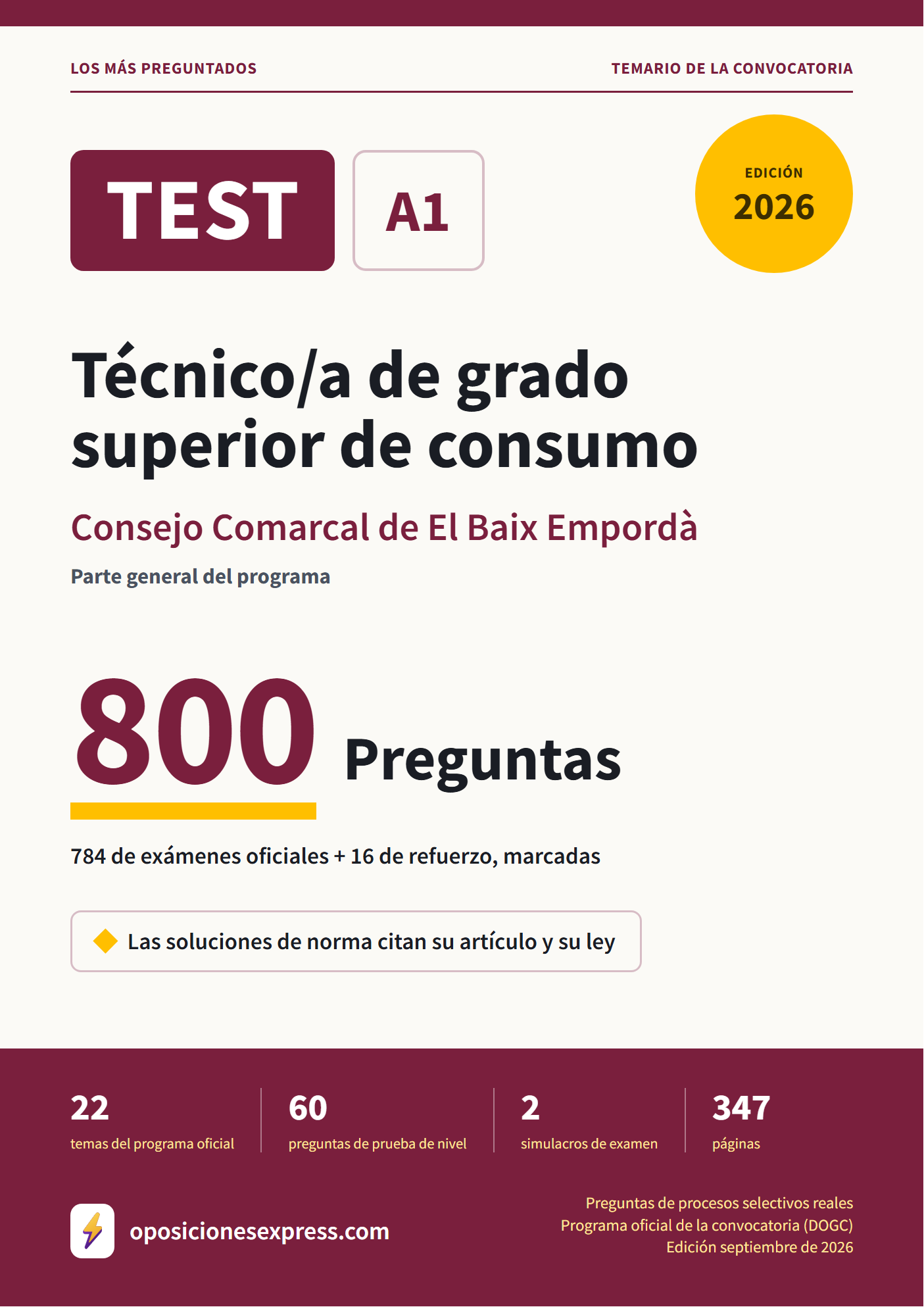 Portada del PDF «TEST Técnico/a de grado superior de consumo · Consejo Comarcal de El Baix Empordà · Parte general», 784 preguntas reales de examen, edición septiembre de 2026
