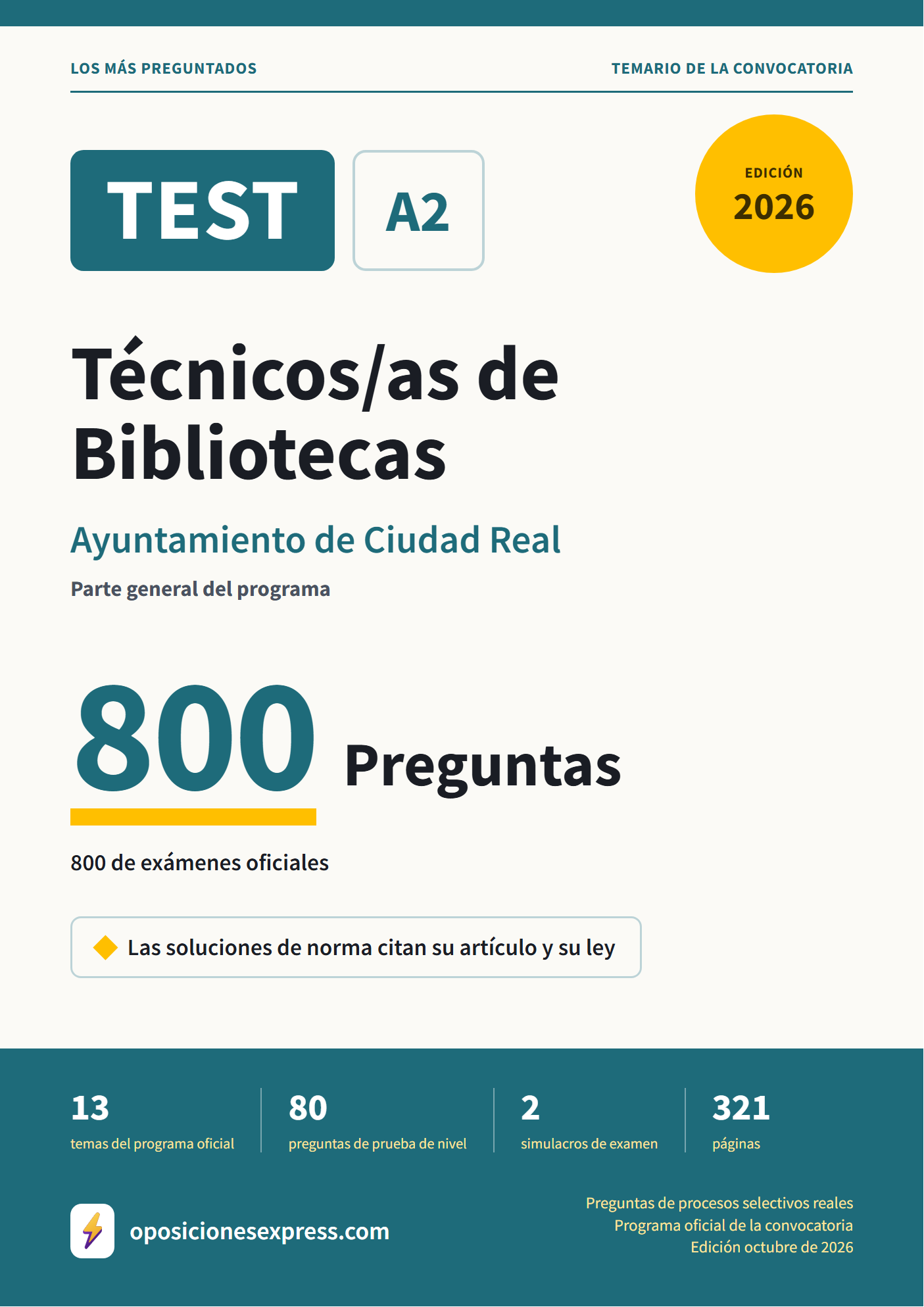 Portada del PDF «TEST Técnicos/as de Bibliotecas · Ayuntamiento de Ciudad Real · Parte general», 800 preguntas reales de examen, edición octubre de 2026