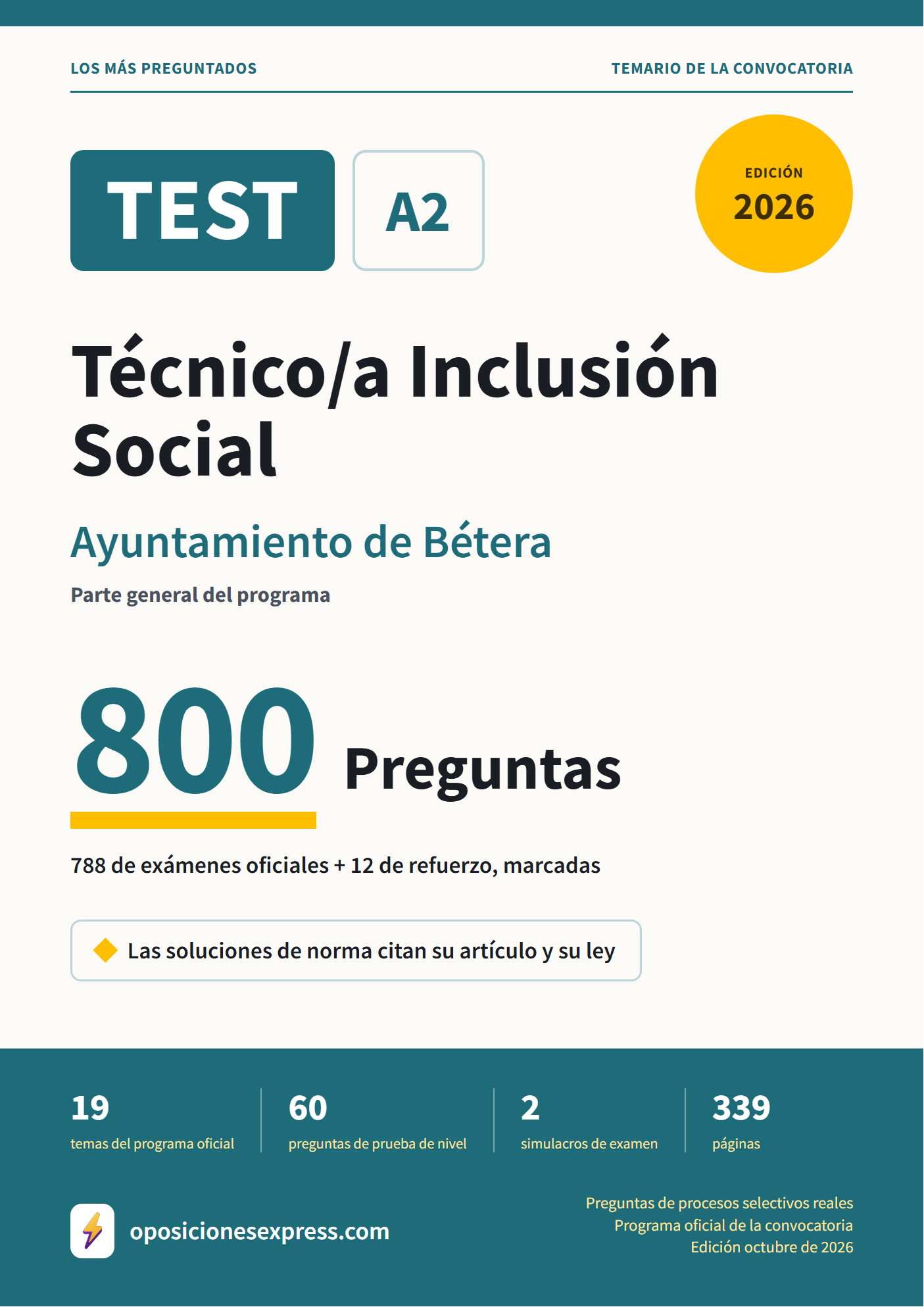 Portada del PDF «TEST Técnico/a Inclusión Social · Ayuntamiento de Bétera · Parte general», 788 preguntas reales de examen, edición octubre de 2026