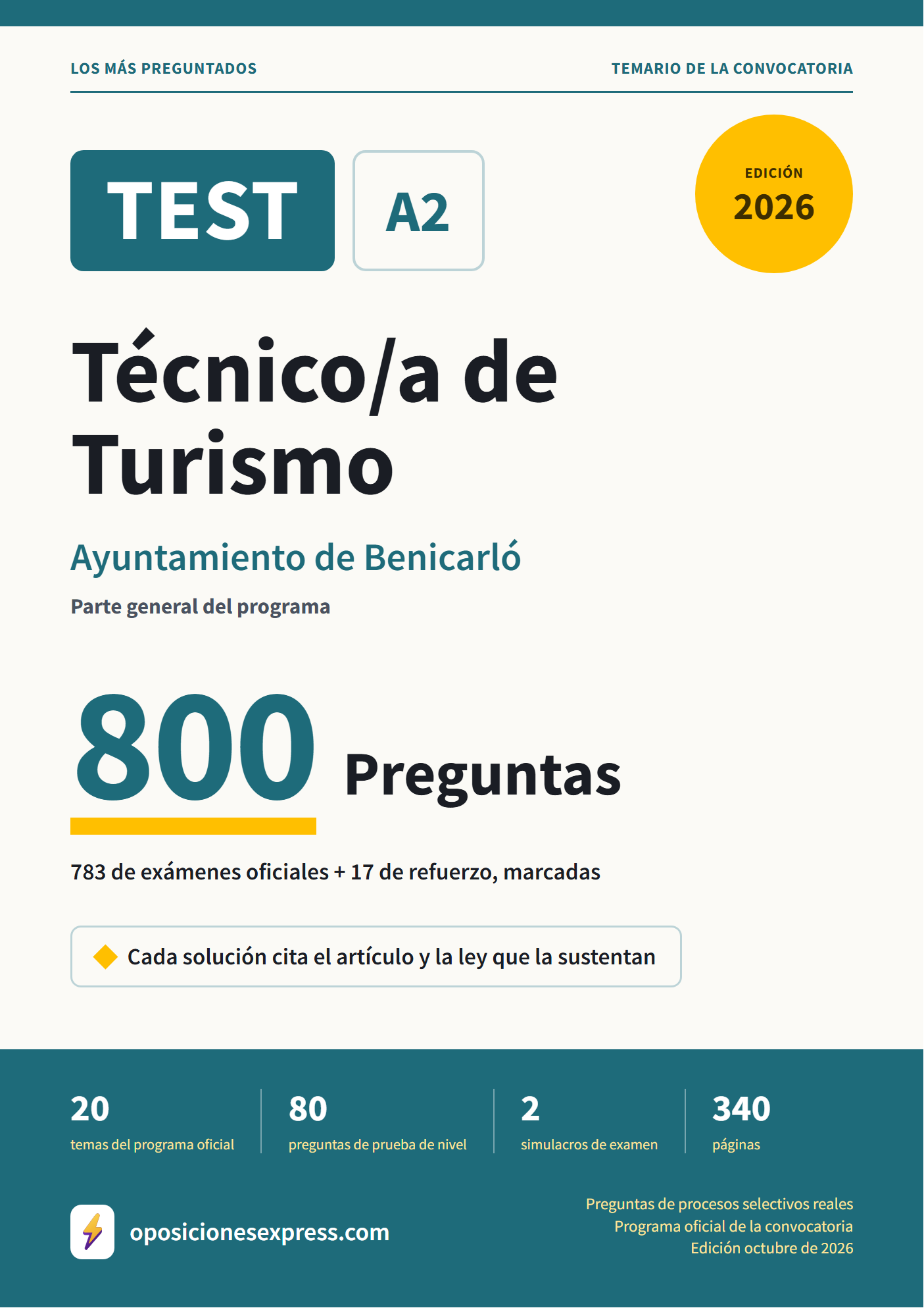 Portada del PDF «TEST Técnico/a de Turismo · Ayuntamiento de Benicarló · Parte general», 783 preguntas reales de examen, edición octubre de 2026