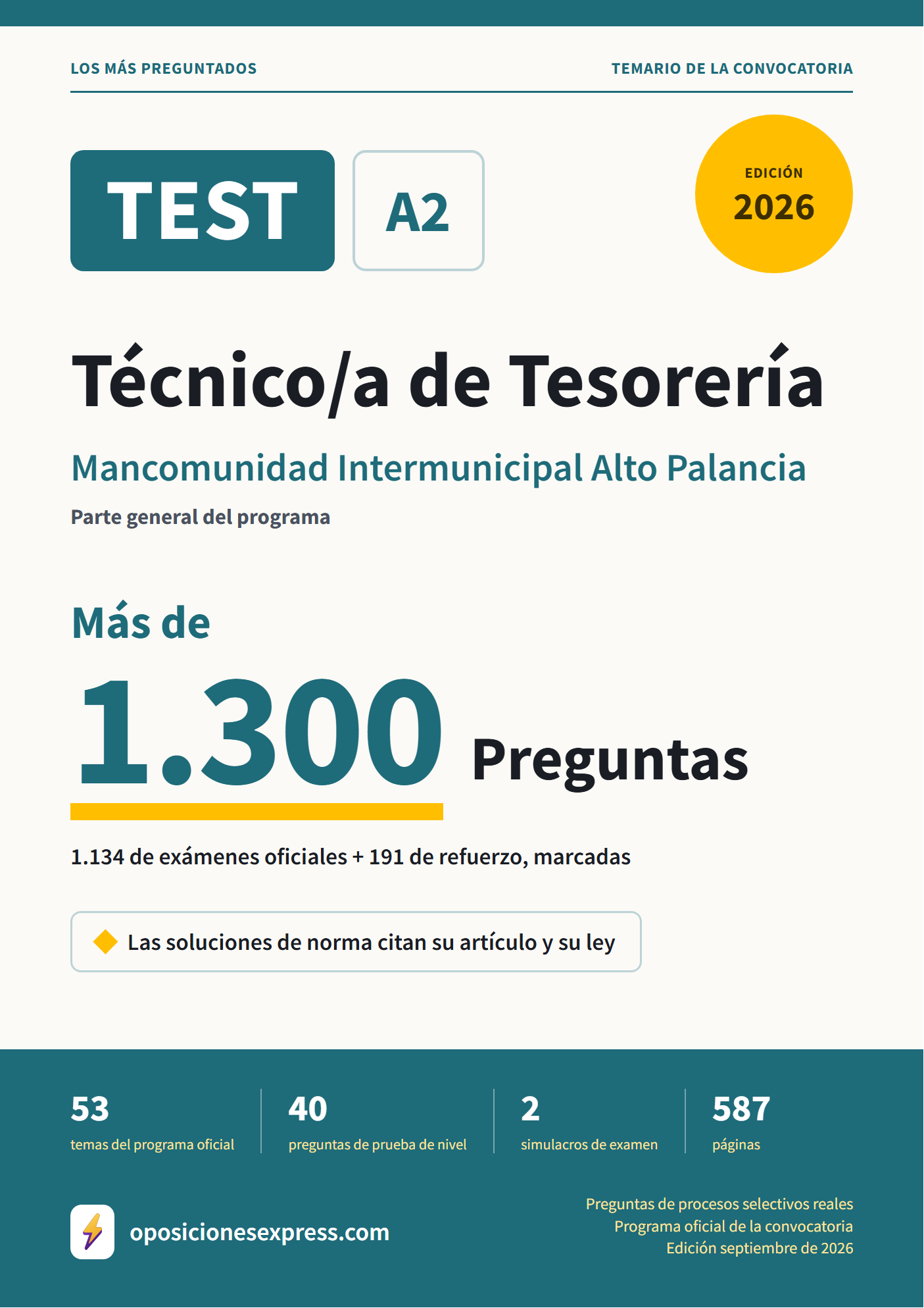 Portada del PDF «TEST Técnico/a de Tesorería · Mancomunidad Intermunicipal Alto Palancia · Parte general», 1.134 preguntas reales de examen, edición septiembre de 2026