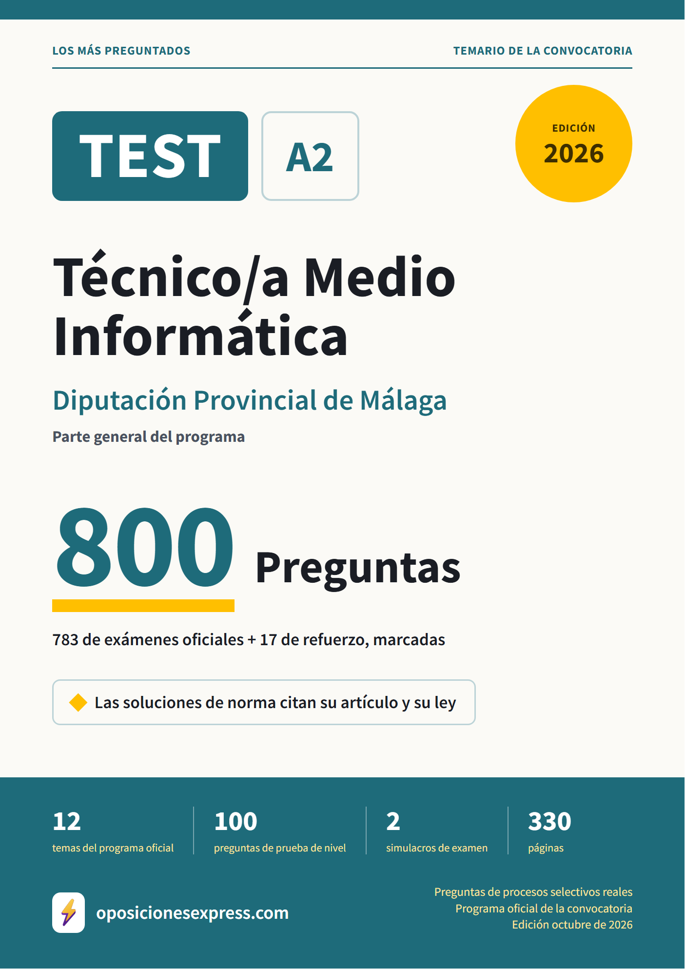 Portada del PDF «TEST Técnico/a Medio Informática · Diputación Provincial de Málaga · Parte general», 783 preguntas reales de examen, edición octubre de 2026