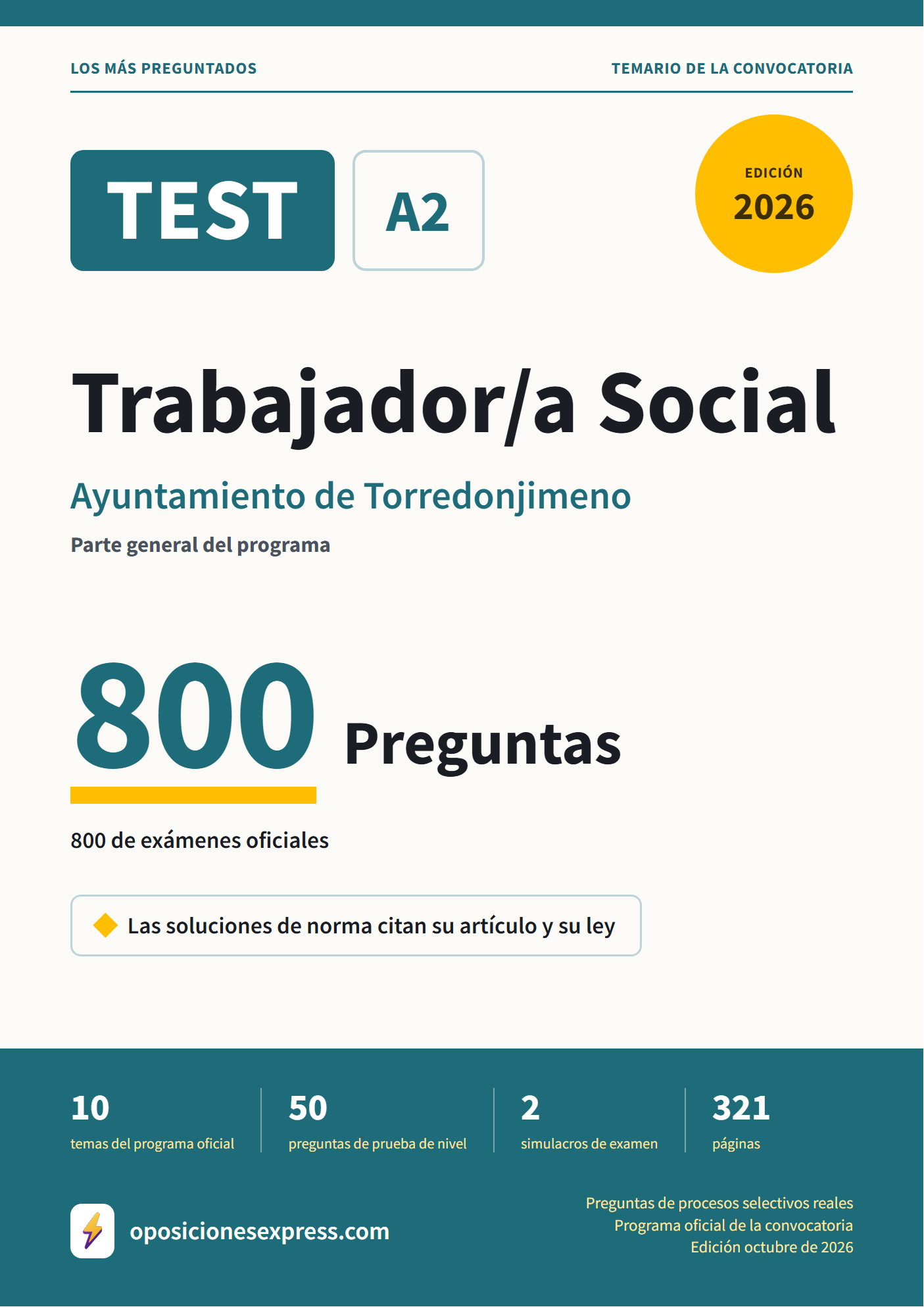 Portada del PDF «TEST Trabajador/a Social · Ayuntamiento de Torredonjimeno · Parte general», 800 preguntas reales de examen, edición octubre de 2026