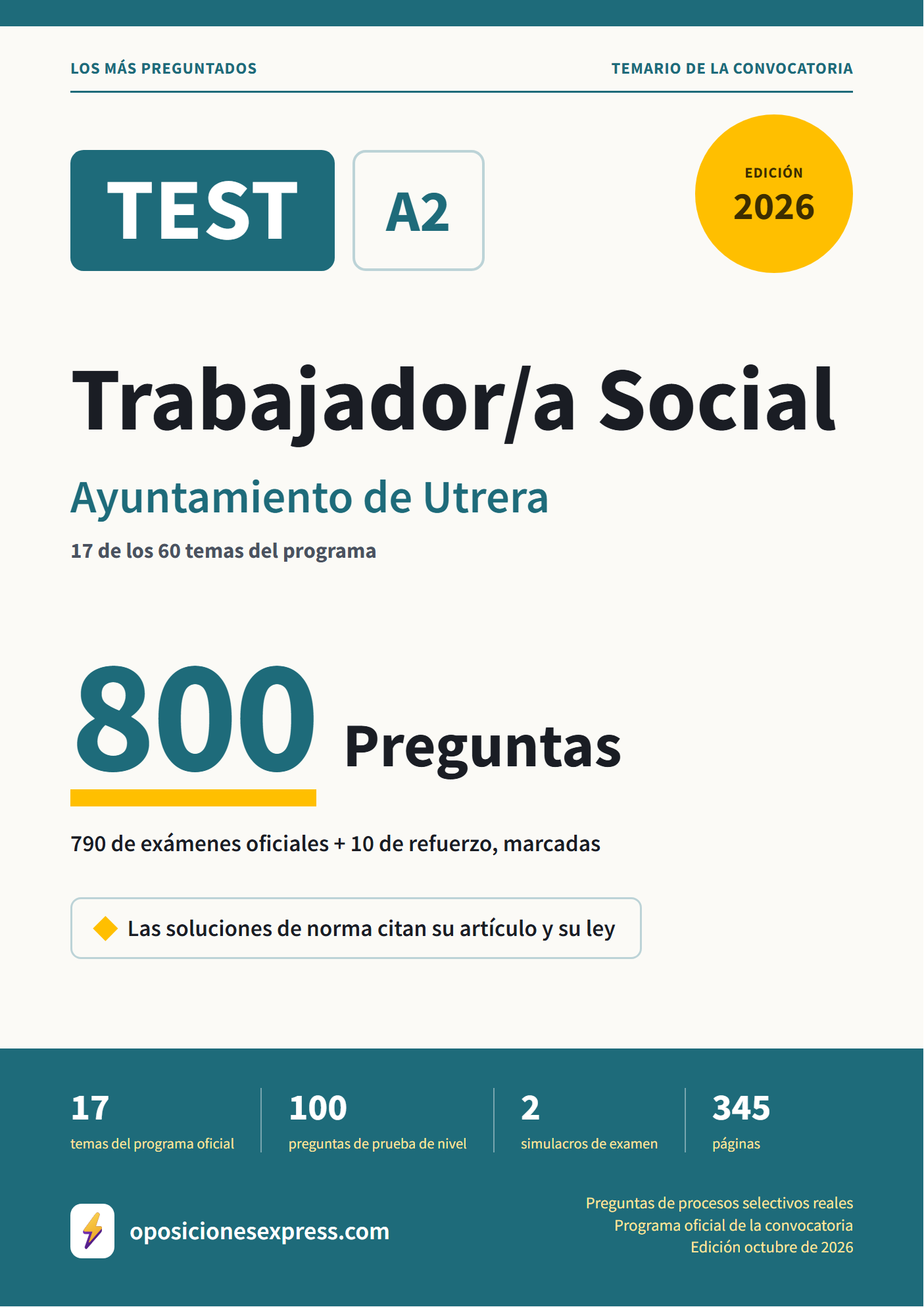 Portada del PDF «TEST Trabajador/a Social · Ayuntamiento de Utrera · 17 de 60 temas», 790 preguntas reales de examen, edición octubre de 2026
