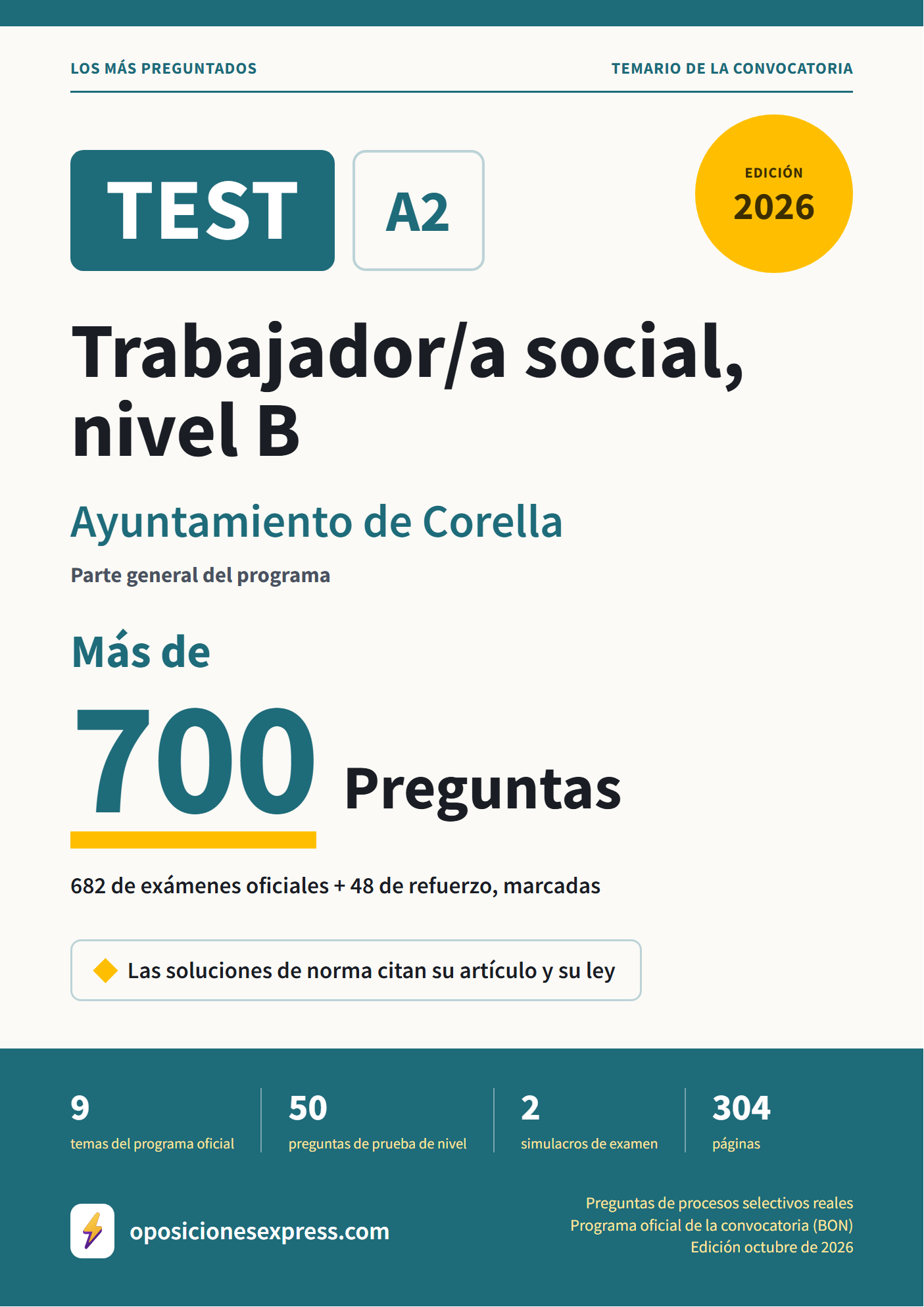Portada del PDF «TEST Trabajador/a social, nivel B · Ayuntamiento de Corella · Parte general», 682 preguntas reales de examen, edición octubre de 2026