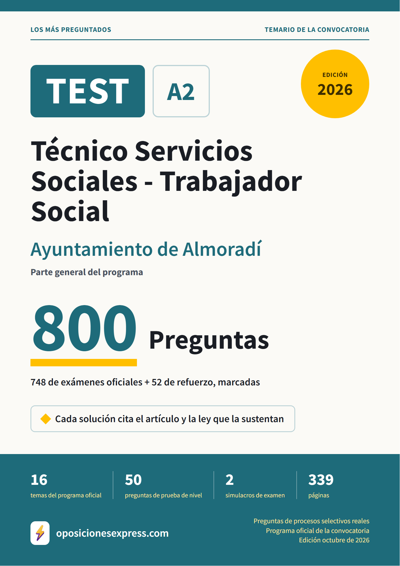 Portada del PDF «TEST Técnico Servicios Sociales - Trabajador Social · Ayuntamiento de Almoradí · Parte general», 748 preguntas reales de examen, edición octubre de 2026
