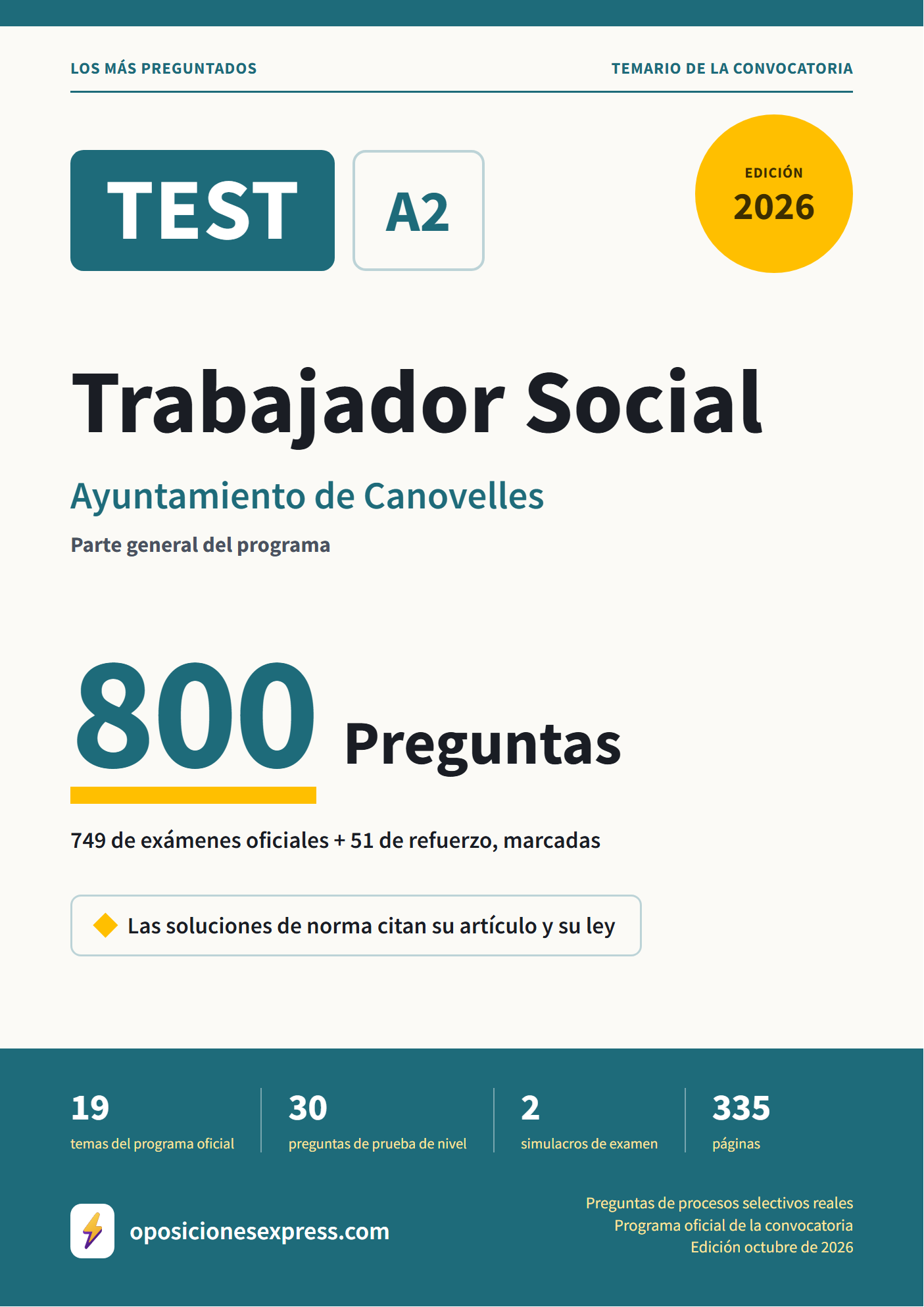 Portada del PDF «TEST Trabajador Social · Ayuntamiento de Canovelles · Parte general», 749 preguntas reales de examen, edición octubre de 2026