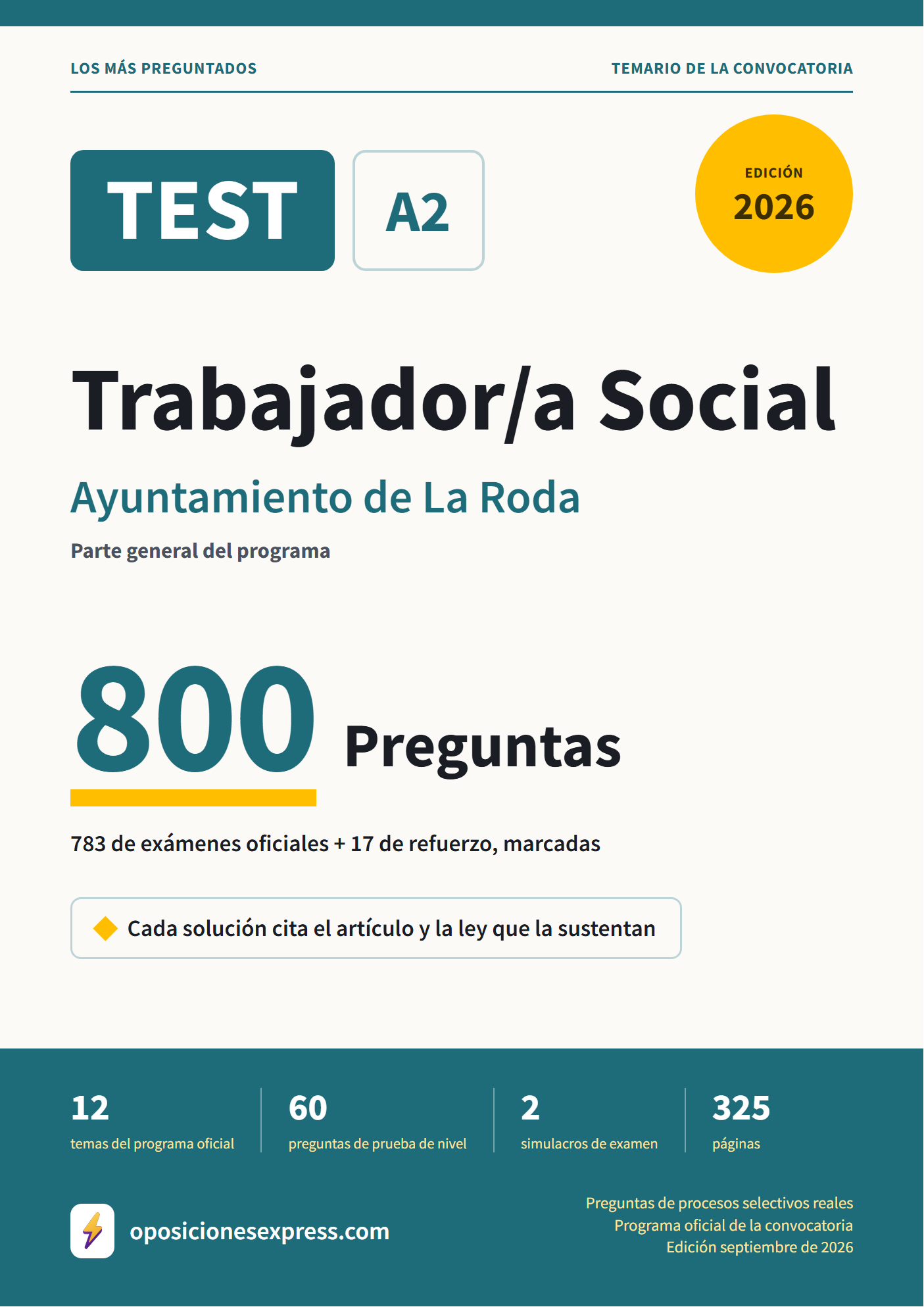 Portada del PDF «TEST Trabajador/a Social · Ayuntamiento de La Roda · Parte general», 783 preguntas reales de examen, edición septiembre de 2026