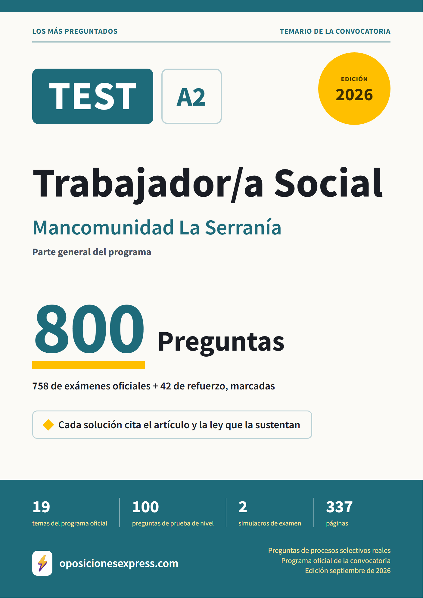 Portada del PDF «TEST Trabajador/a Social · Mancomunidad La Serranía · Parte general», 758 preguntas reales de examen, edición septiembre de 2026