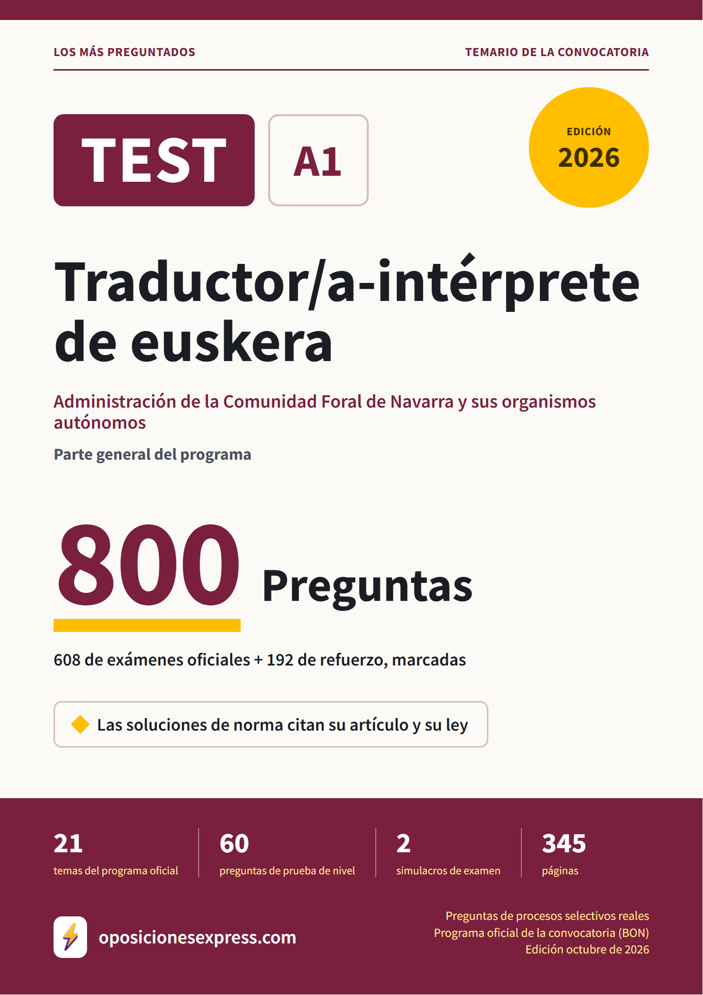 Portada del PDF «TEST Traductor/a-intérprete de euskera · Administración de la Comunidad Foral de Navarra y sus organismos autónomos · Parte general», 608 preguntas reales de examen, edición octubre de 2026