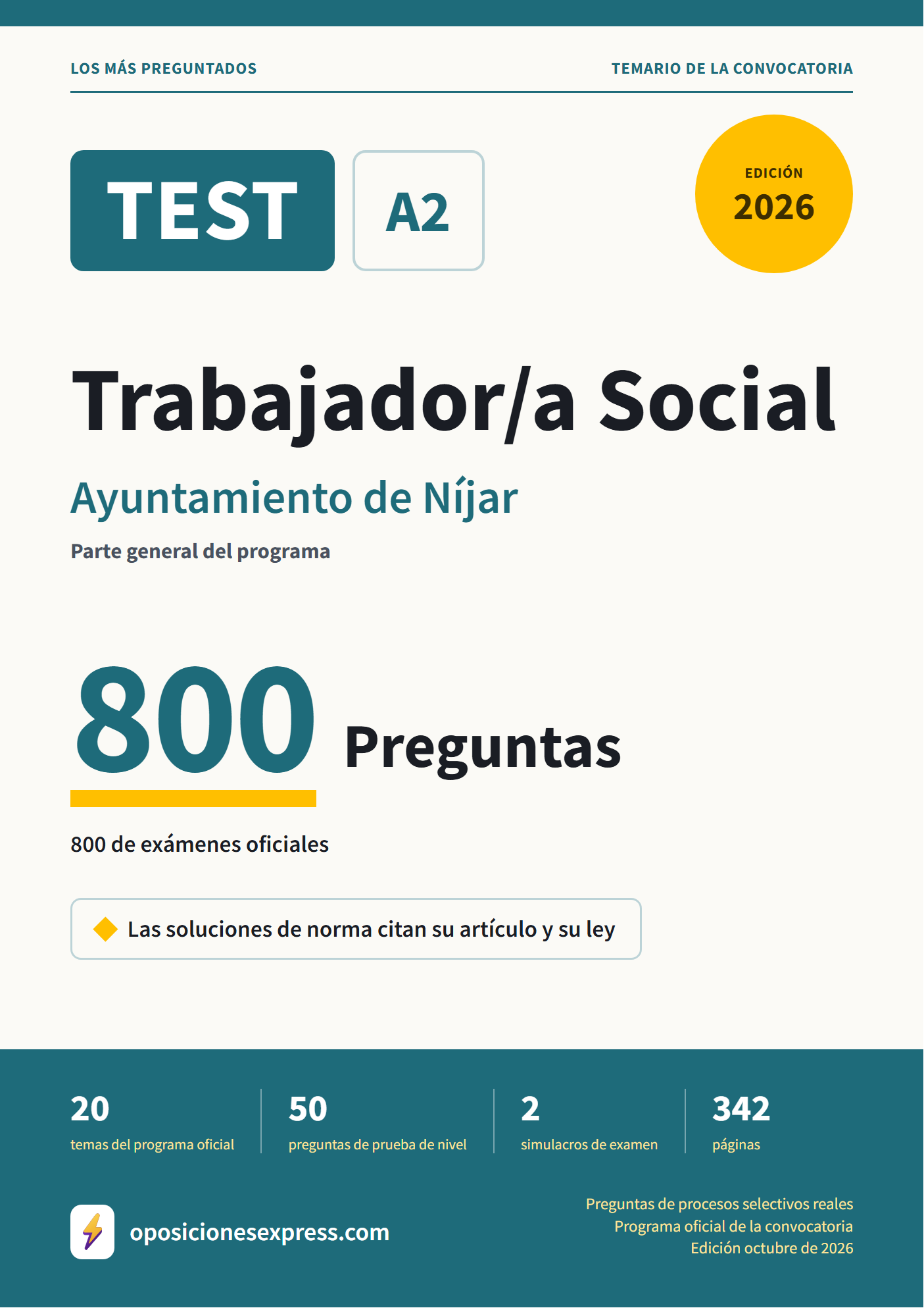 Portada del PDF «TEST Trabajador/a Social · Ayuntamiento de Níjar · Parte general», 800 preguntas reales de examen, edición octubre de 2026